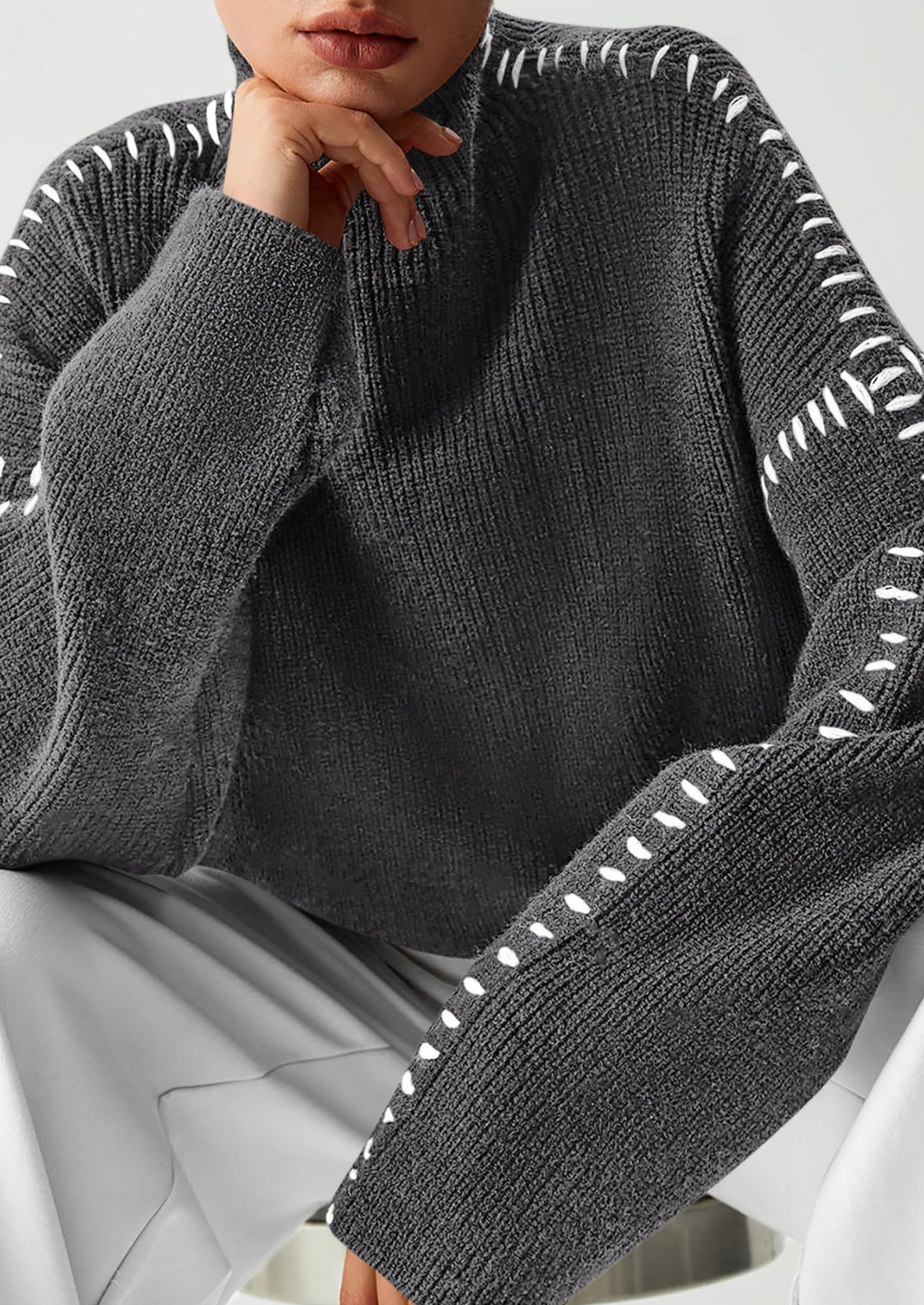 Women's Chunky Knit Sweaters Fall Long Sleeve Mock Neck Oversized Pullover Tops Winter Fashion Clothes