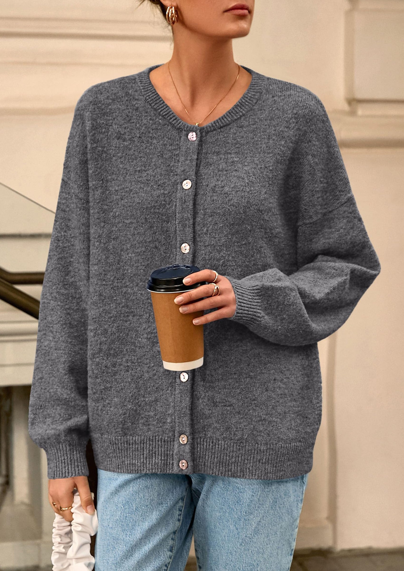 Fall Long Sleeve Cardigans for Women Trendy Open Front Winter Button Down Crewneck Soft Knit Sweater Jacket