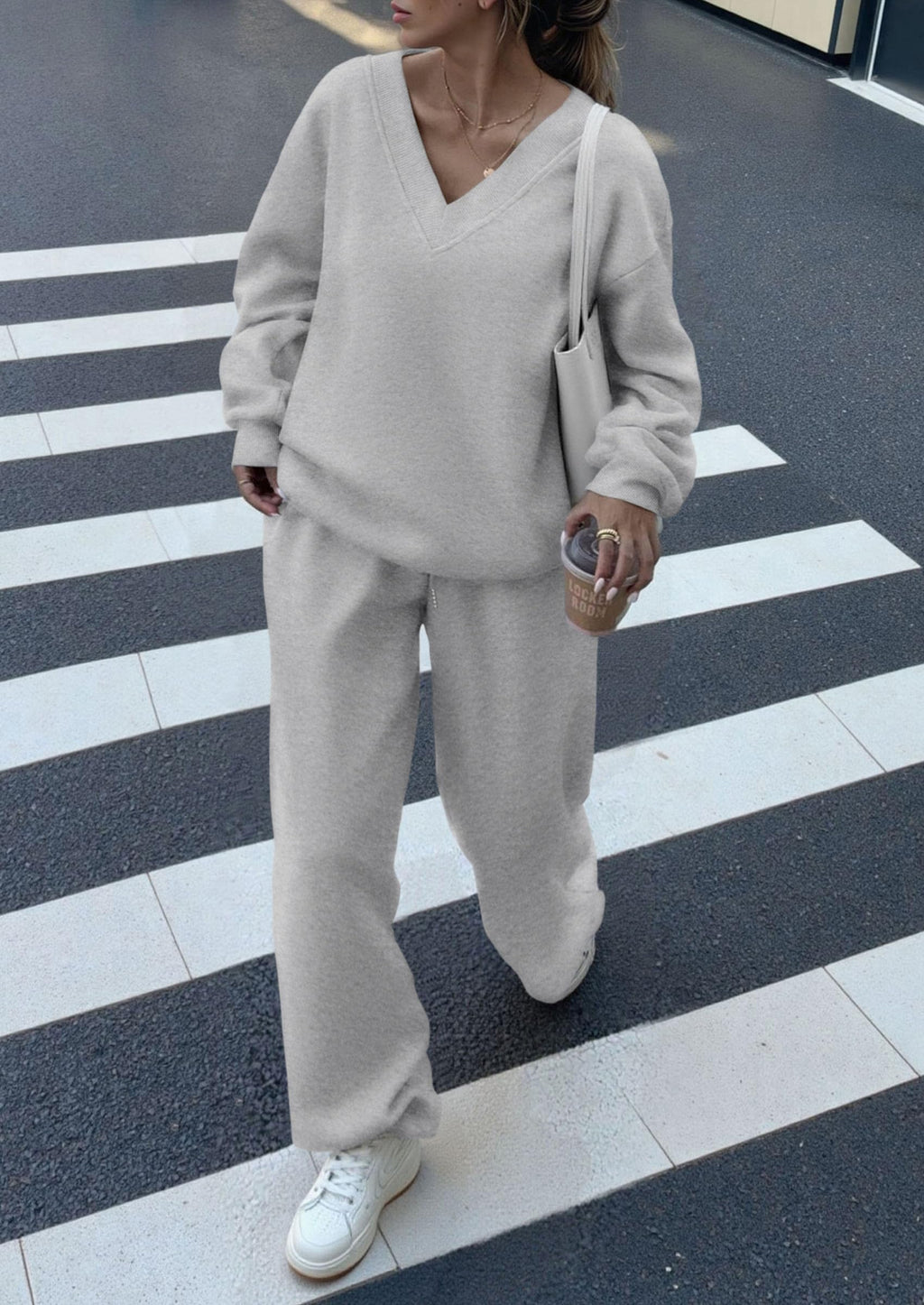 Casual Winter Two Piece Sets for Women V Neck Sweatshirt Loose Wide Leg Pants Tracksuit Knit Fall Outfits