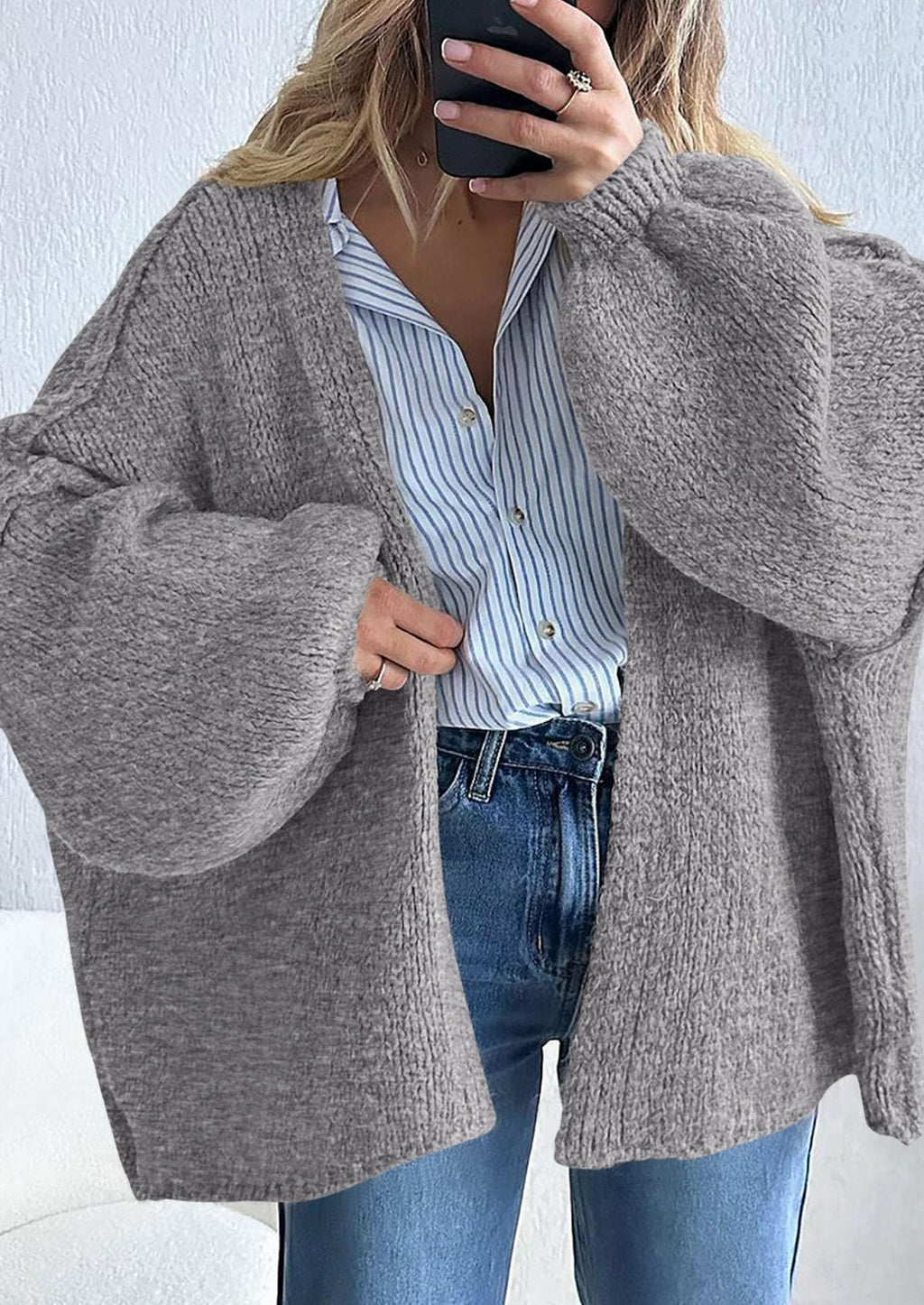 Womens Oversized Cardigan Sweaters Fall Long Lantern Sleeve Knit Open Front Lightweight Sweater