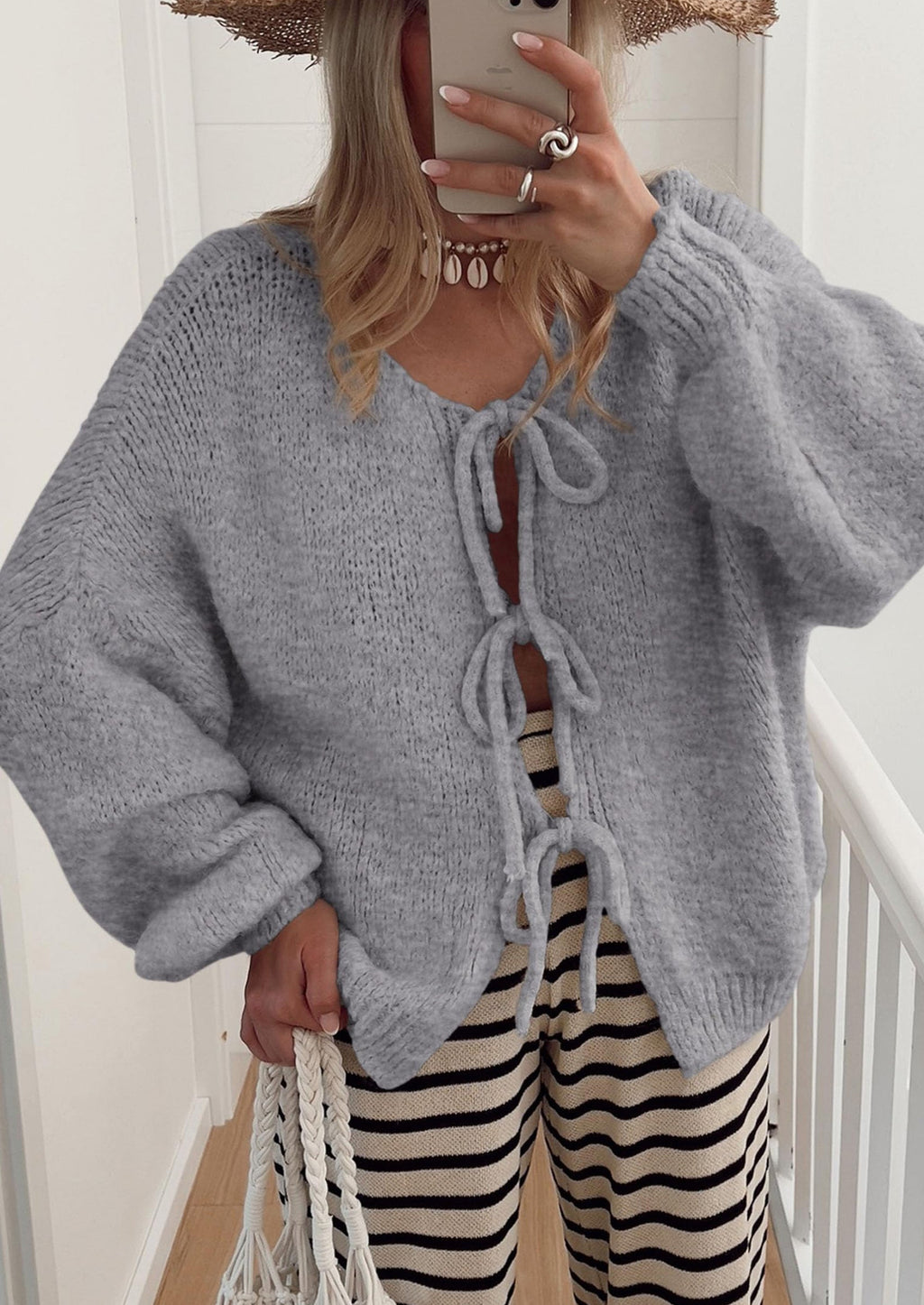 Women's Tie Front Bow Cardigan Sweaters Chunky Knit Long Puff Sleeve Trendy Fall Winter Jacket Coats