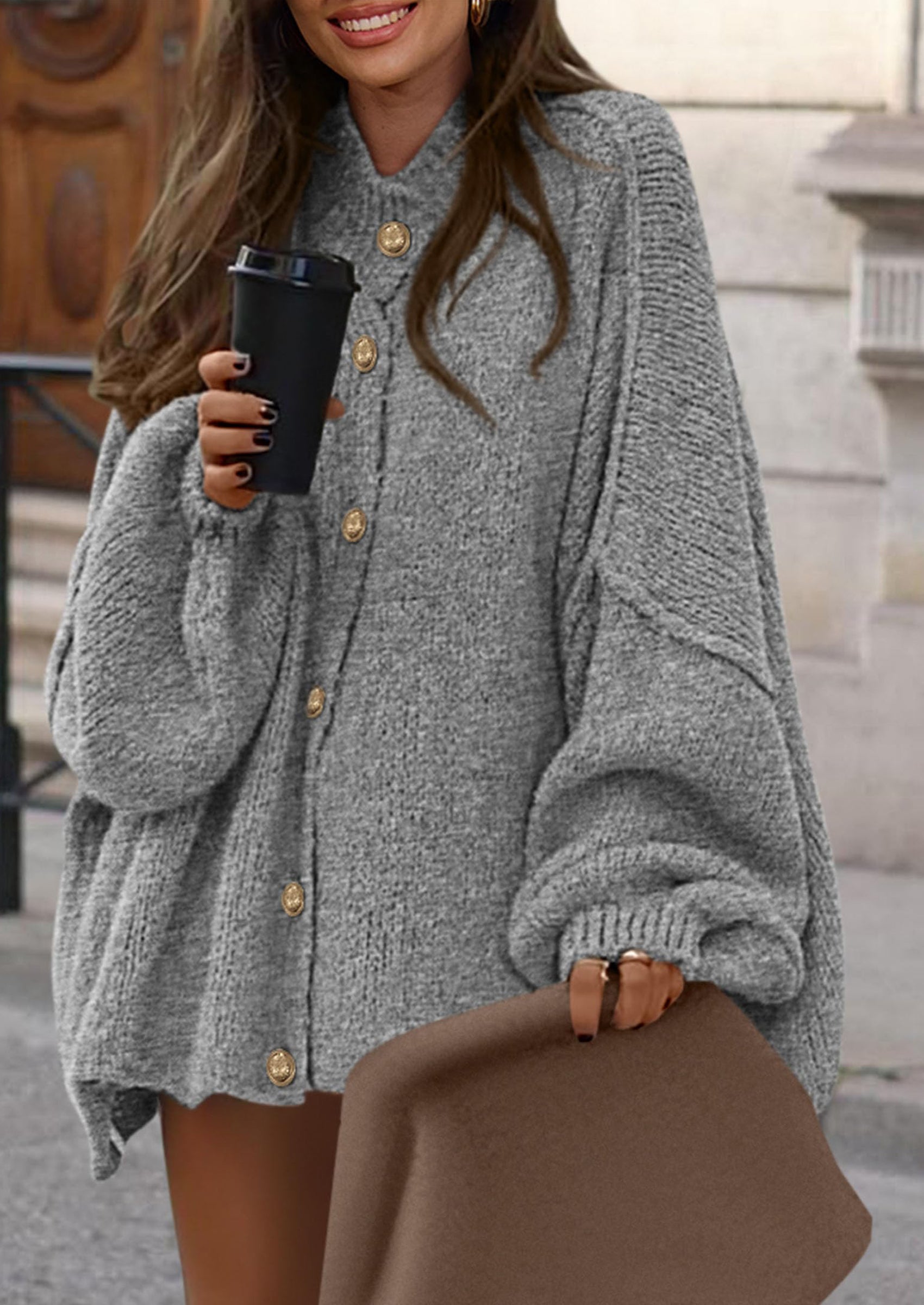 Women's Winter Button Down Cardigan Sweaters Mock Neck Lantern Long Sleeve Chunky Knit Jacket Trendy Outerwear