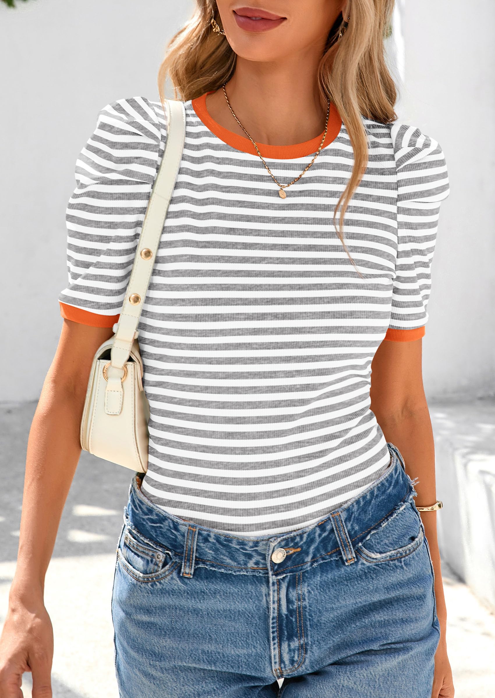 Women's Summer Puff Sleeve Tops Casual Ribbed Knit Crop Top Color Block Trendy Crewneck Striped Shirts