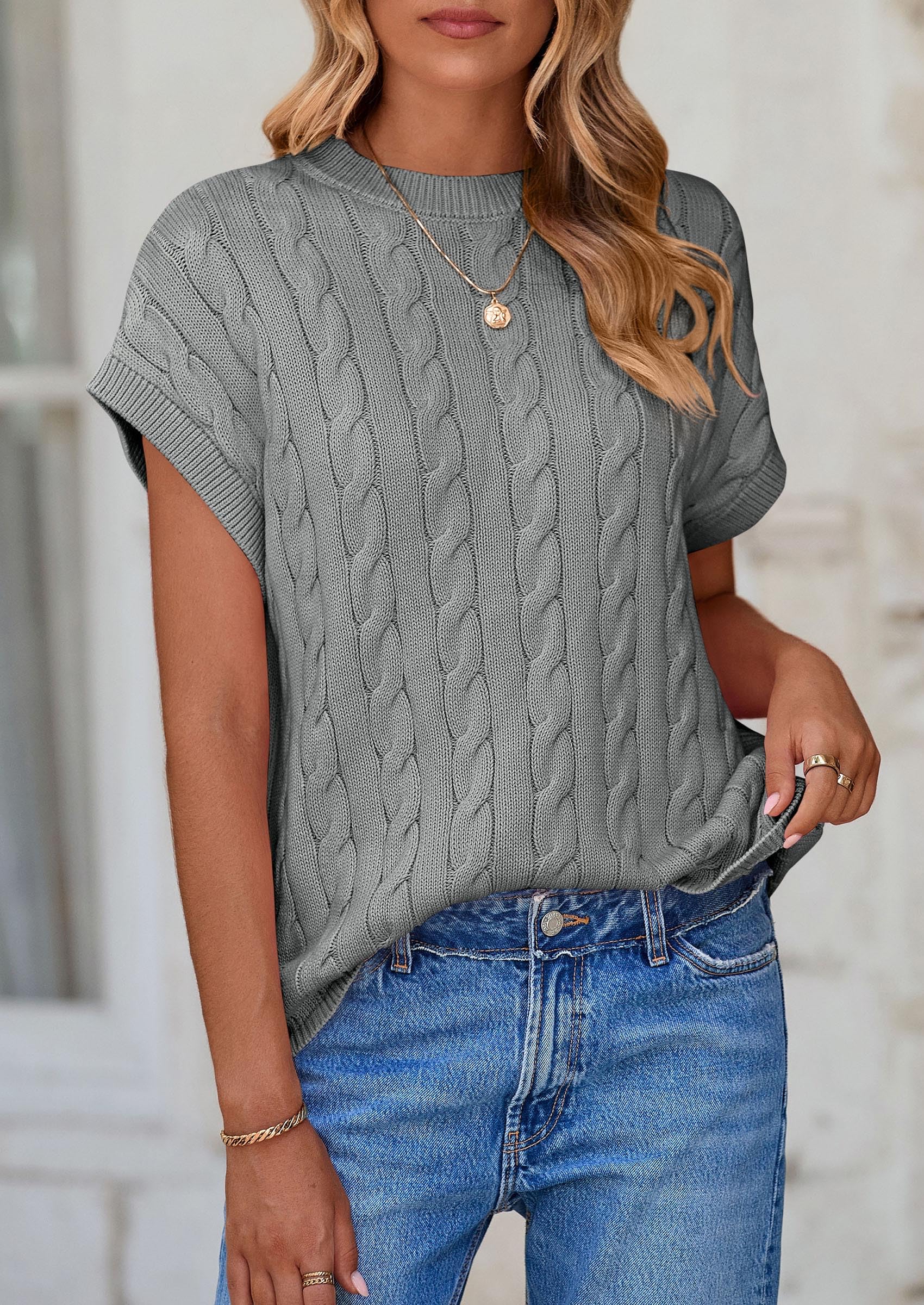 Women's Sweater Vest Summer Short Sleeve Tops Casual Crewneck Knit Oversized Pullover Trendy Spring Outfits
