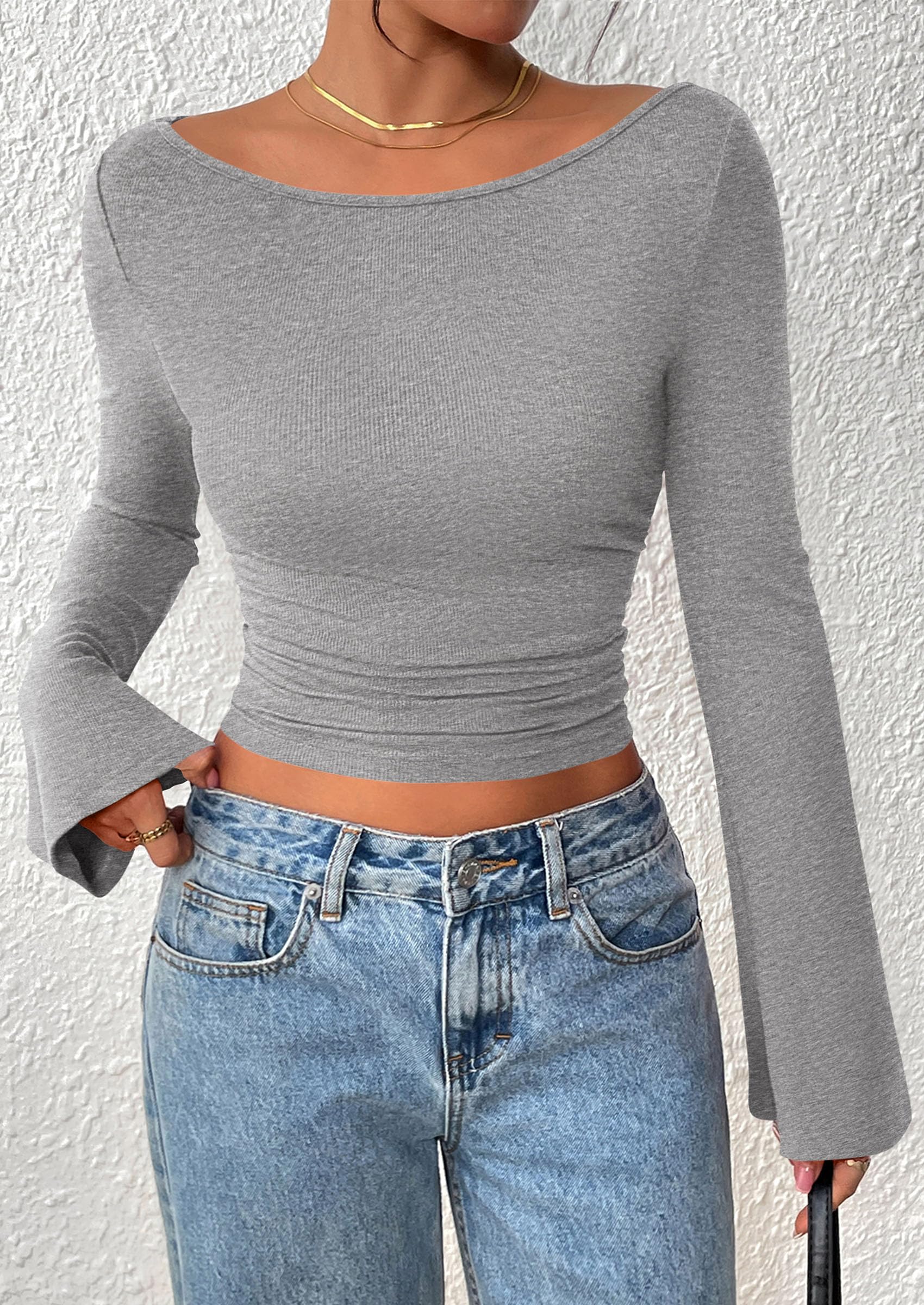 Women's Long Sleeve Shirts Fall Going Out Tops Casual Boat Neck Bell Sleeve Ribbed Ruched Y2K Clothes