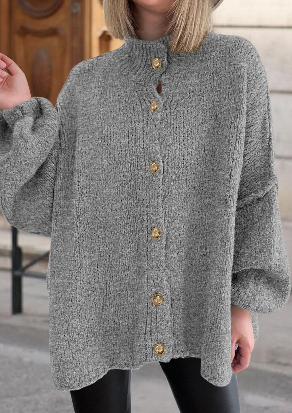 Women's Winter Button Down Cardigan Sweaters Mock Neck Lantern Long Sleeve Chunky Knit Jacket Trendy Outerwear