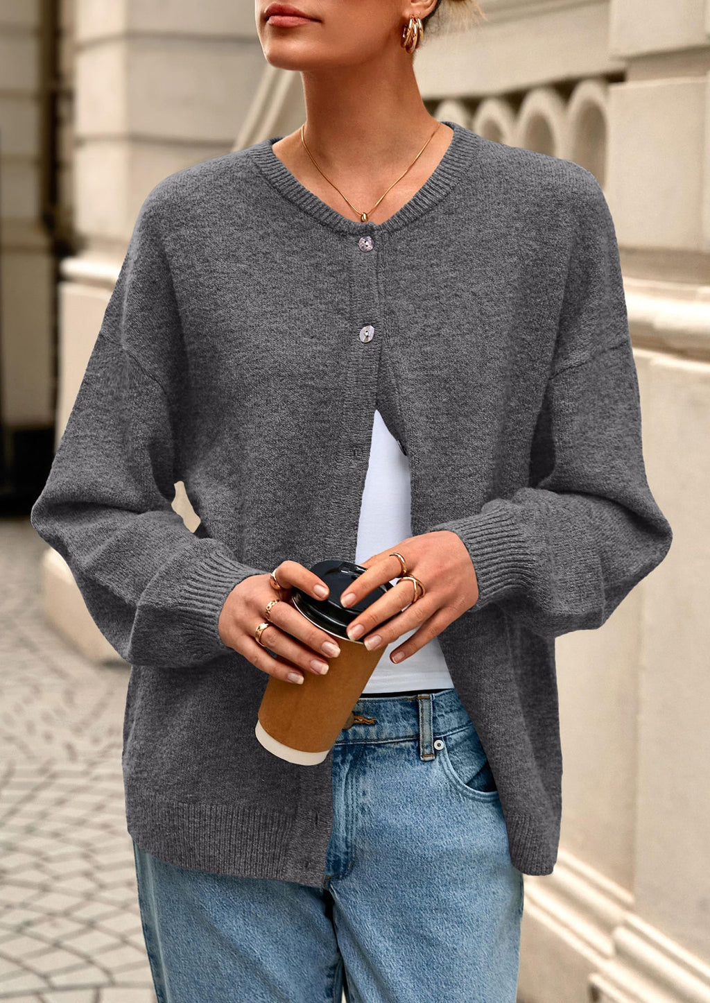 Fall Long Sleeve Cardigans for Women Trendy Open Front Winter Button Down Crewneck Soft Knit Sweater Jacket