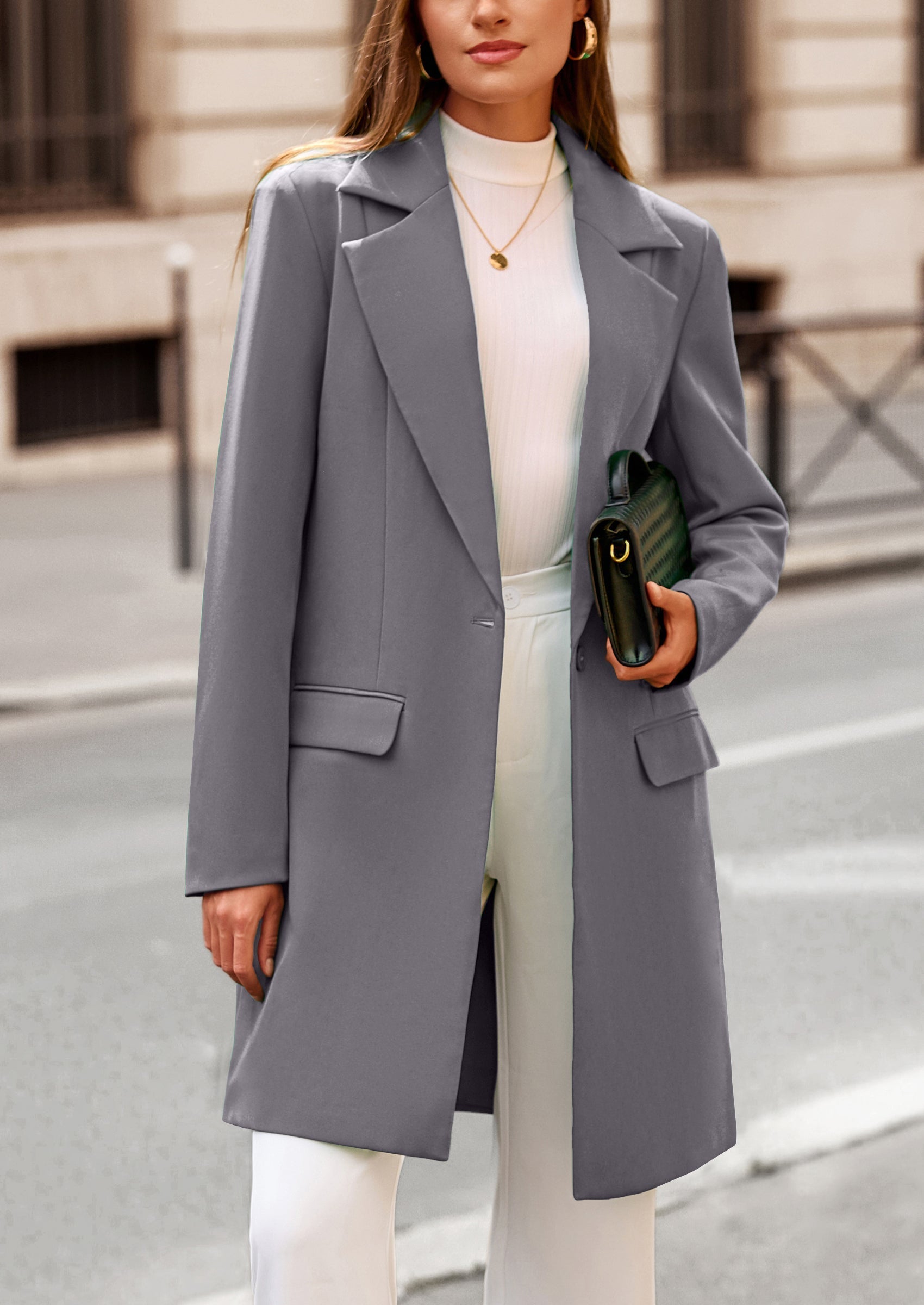 Women's Spring Fall Long Blazer Jackets Long Sleeve Lapel Pockets Loose Fit Work Casual Blazers Outerwear