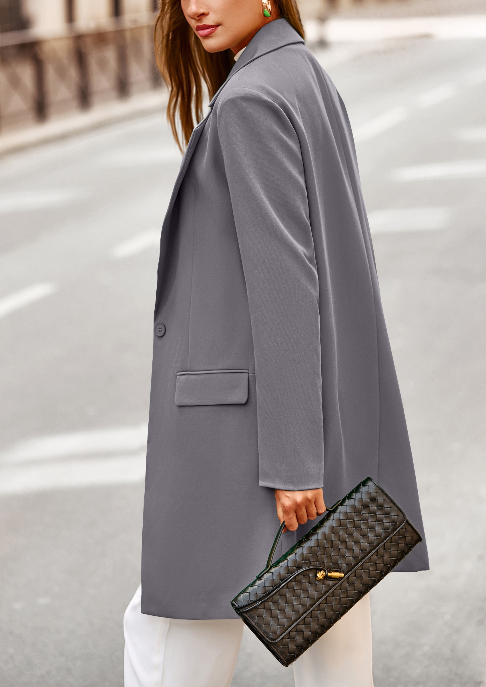 Women's Spring Fall Long Blazer Jackets Long Sleeve Lapel Pockets Loose Fit Work Casual Blazers Outerwear