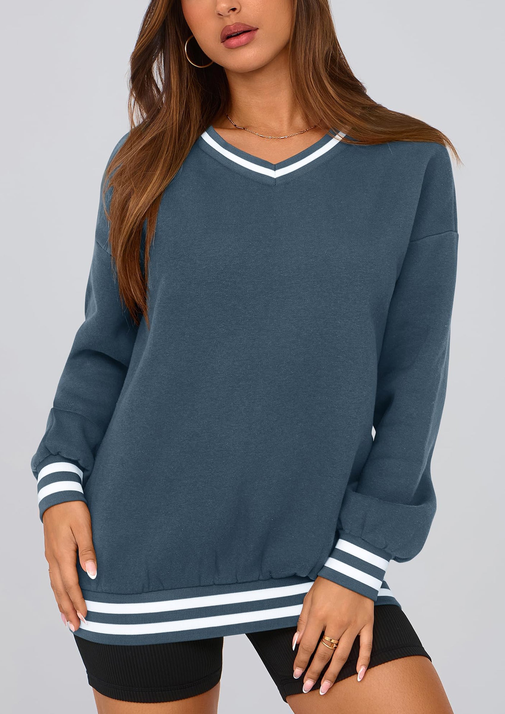 Women's Oversized Sweatshirts Casual Long Sleeve Stripes Knit V Neck Pullover Top Fall Teens Preppy Clothes