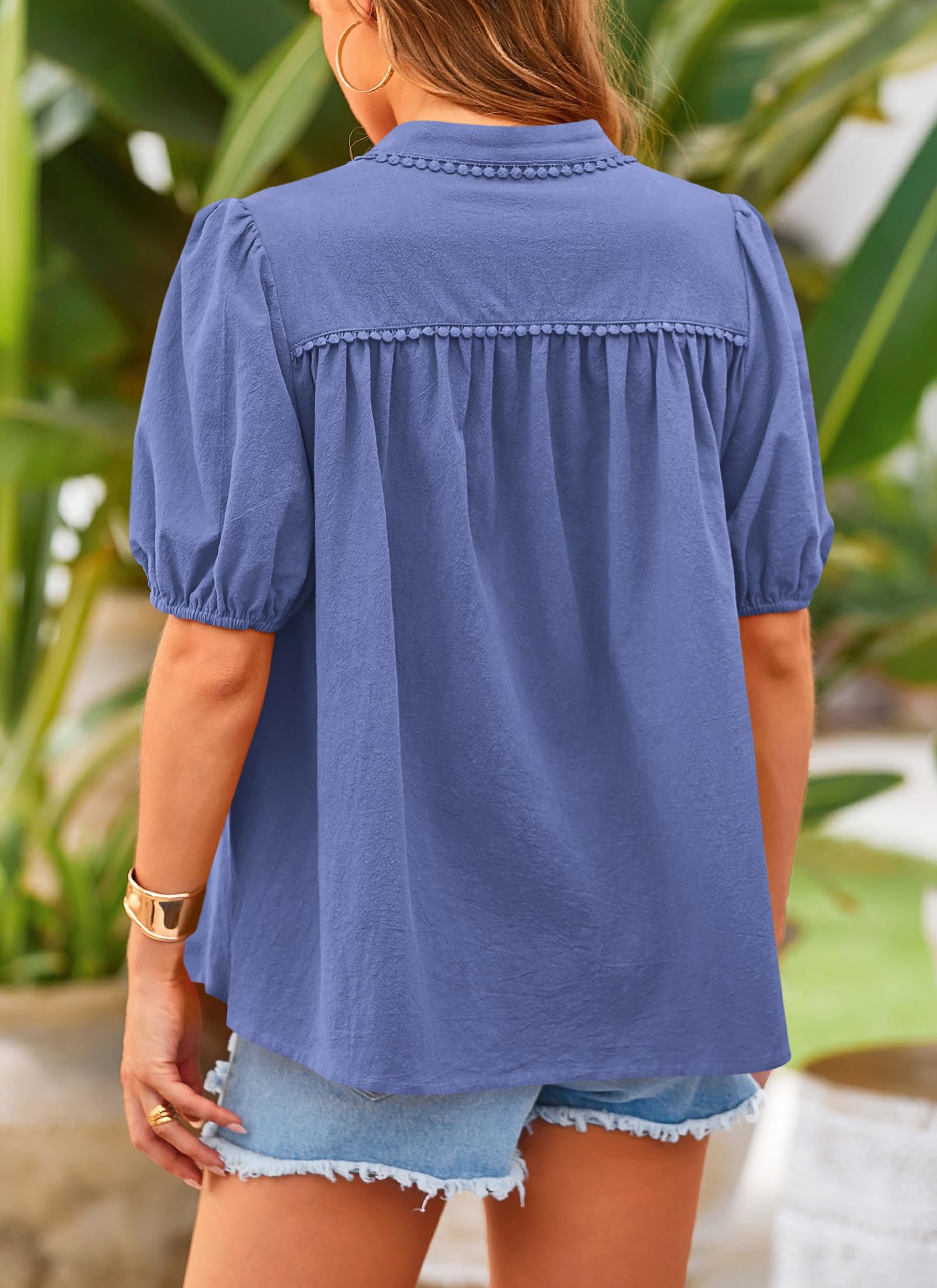 Women's Summer Tops Button Down Shirts Short Lantern Sleeve V Neck Cotton Cute Dressy Casual Blouses