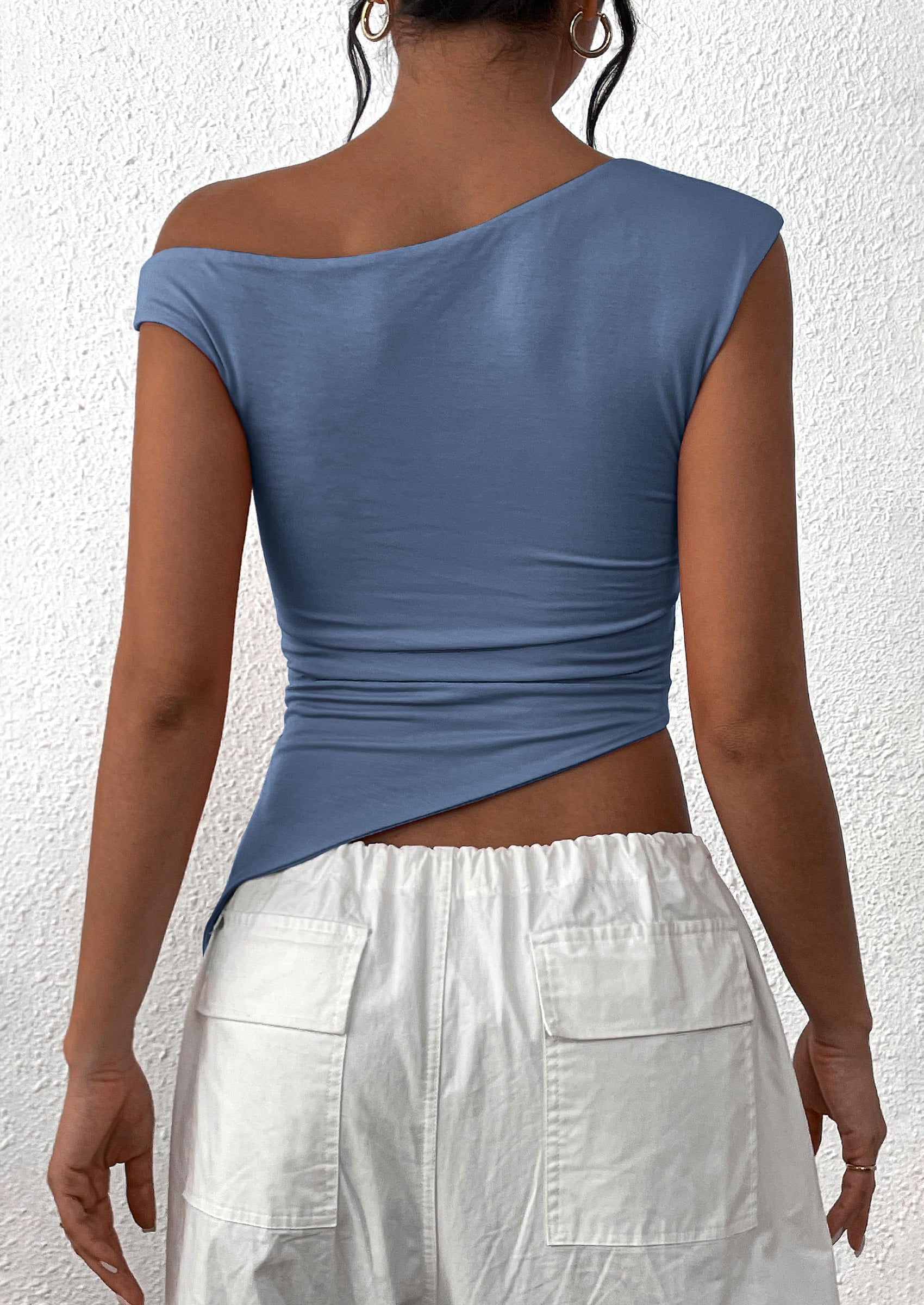 Womens Off The Shoulder Tops Summer Sleeveless One Shoulder Ruched Asymmetrical Y2K Going Out Crop Tank Top