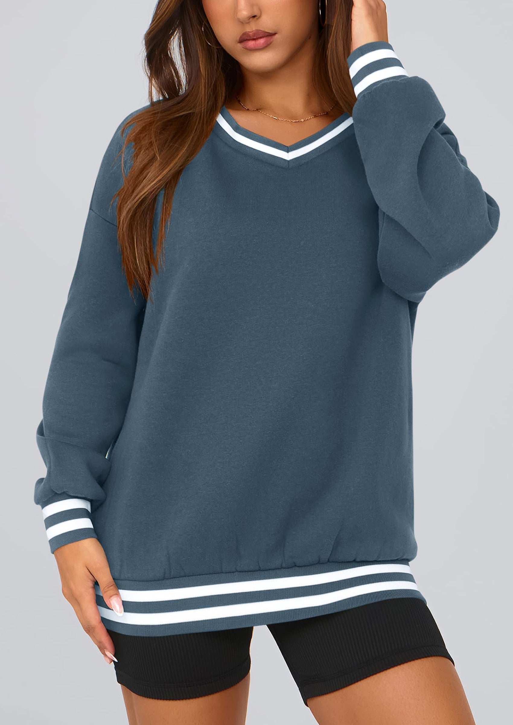 Women's Oversized Sweatshirts Casual Long Sleeve Stripes Knit V Neck Pullover Top Fall Teens Preppy Clothes