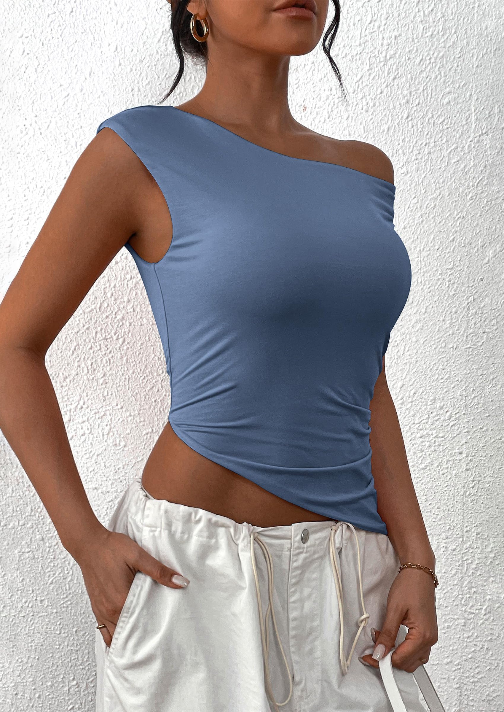 Womens Off The Shoulder Tops Summer Sleeveless One Shoulder Ruched Asymmetrical Y2K Going Out Crop Tank Top