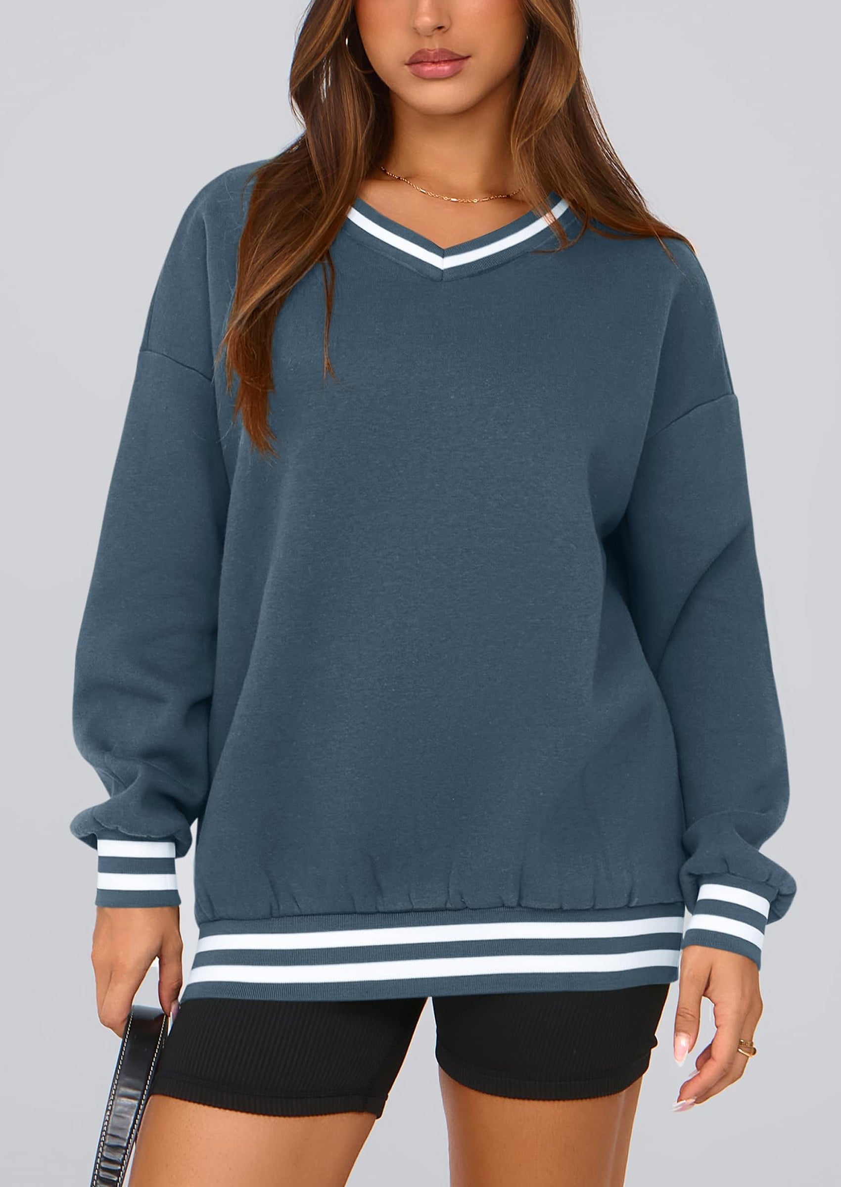 Women's Oversized Sweatshirts Casual Long Sleeve Stripes Knit V Neck Pullover Top Fall Teens Preppy Clothes