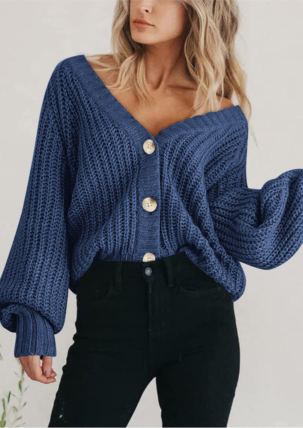 Women's Chunky Knit Open Front Sweater Long Sleeve Button Loose Short Cardigan Outerwear Coats