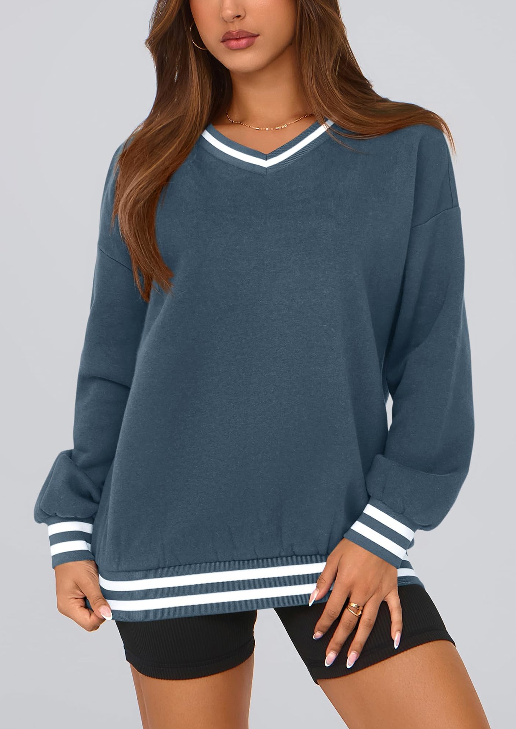 Women's Oversized Sweatshirts Casual Long Sleeve Stripes Knit V Neck Pullover Top Fall Teens Preppy Clothes