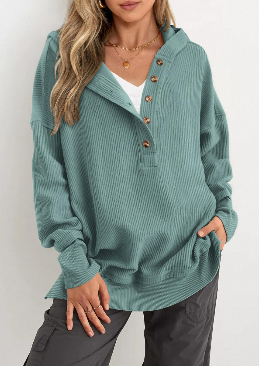 Womens Fashion Oversized Long Sleeve Hoodie Button Down V Neck Sweatshirt Side Slit Casual Pullover Tops