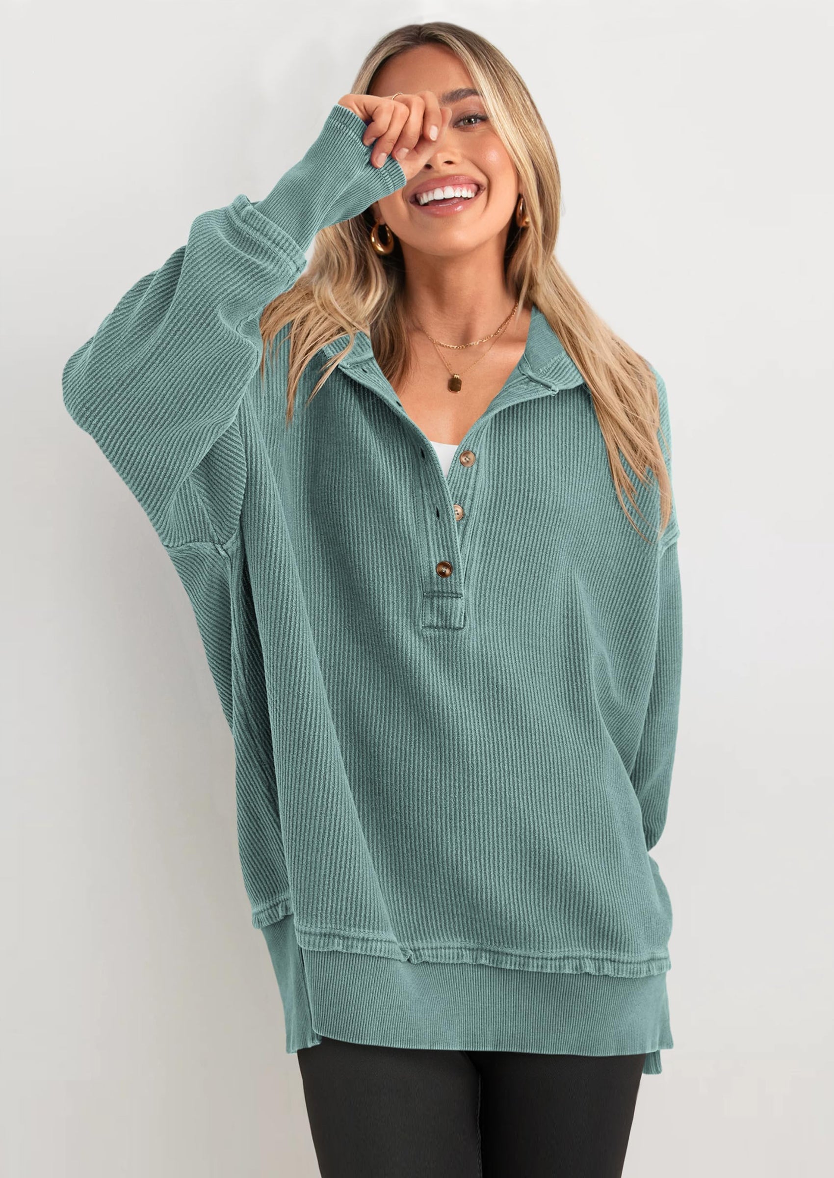 Womens Fashion Oversized Long Sleeve Hoodie Button Down V Neck Sweatshirt Side Slit Casual Pullover Tops