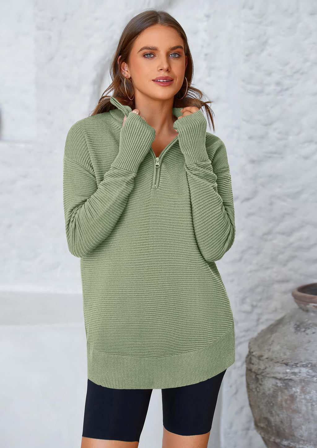Womens Long Sleeve Quarter Zip Pullover Sweater Casual Loose V Neck Collared Ribbed Knit Jumper Tops Thumb Hole