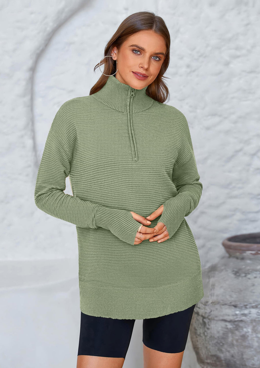 Womens Long Sleeve Quarter Zip Pullover Sweater Casual Loose V Neck Collared Ribbed Knit Jumper Tops Thumb Hole