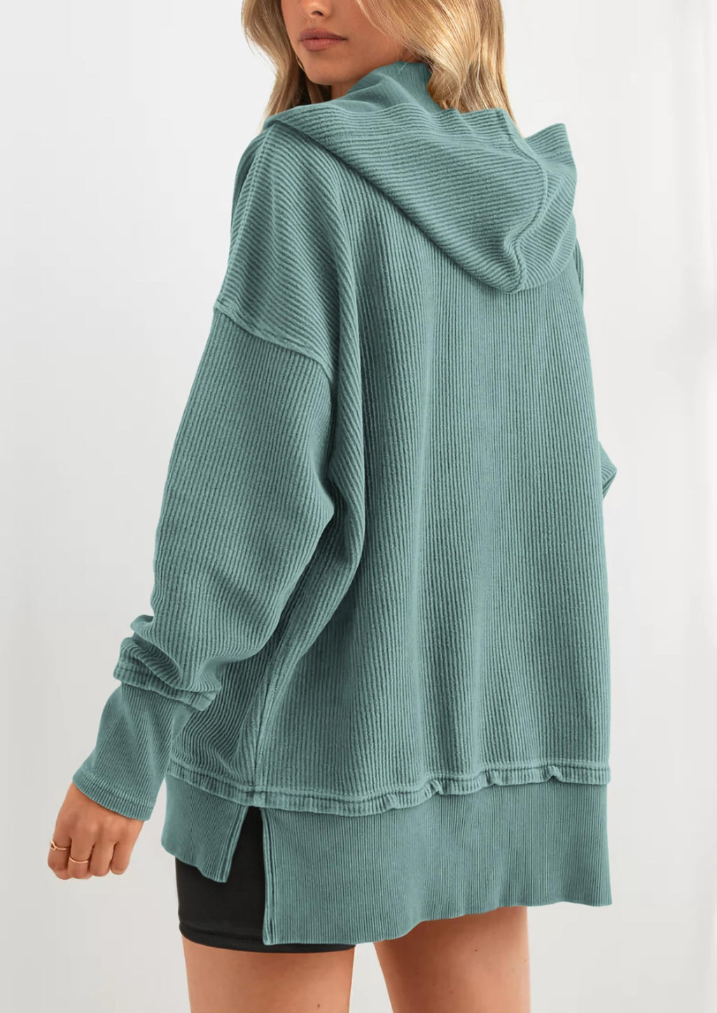 Womens Fashion Oversized Long Sleeve Hoodie Button Down V Neck Sweatshirt Side Slit Casual Pullover Tops