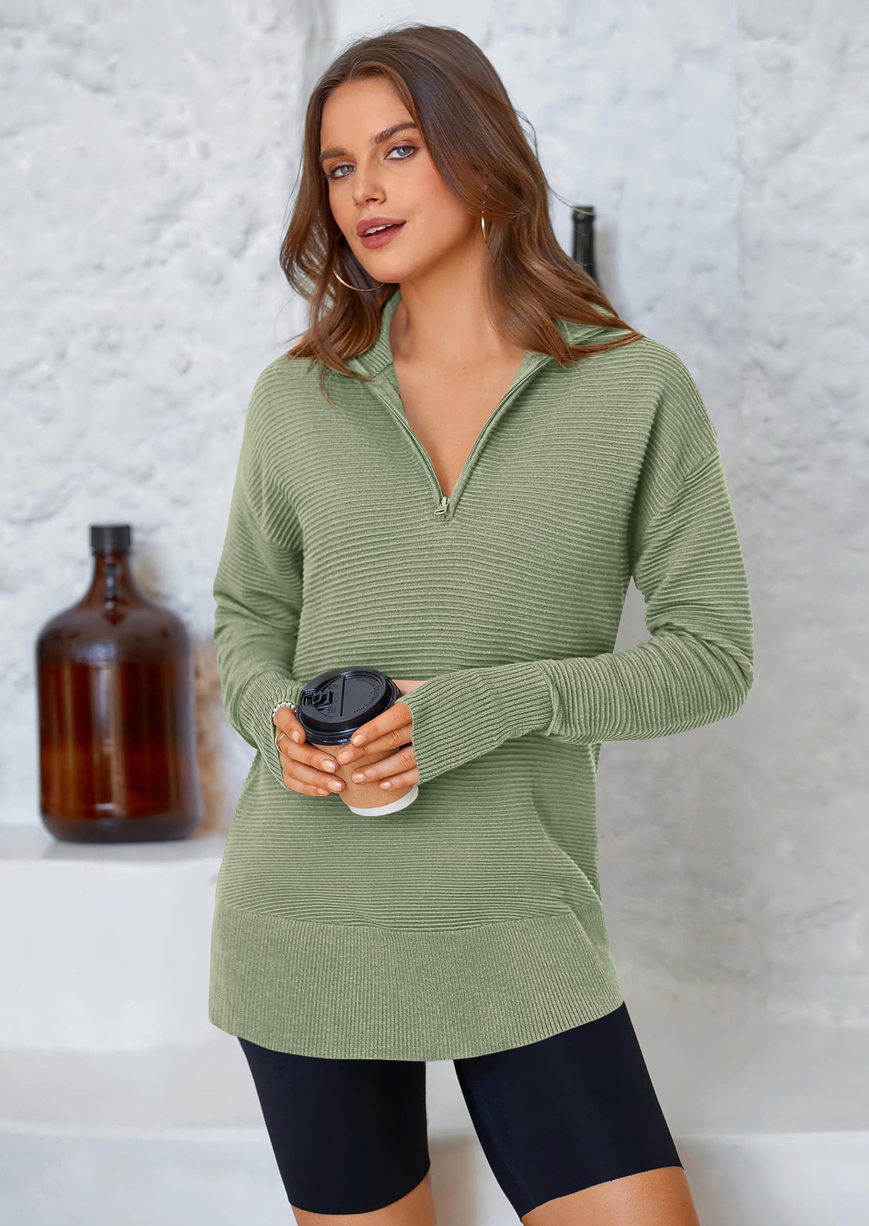 Womens Long Sleeve Quarter Zip Pullover Sweater Casual Loose V Neck Collared Ribbed Knit Jumper Tops Thumb Hole