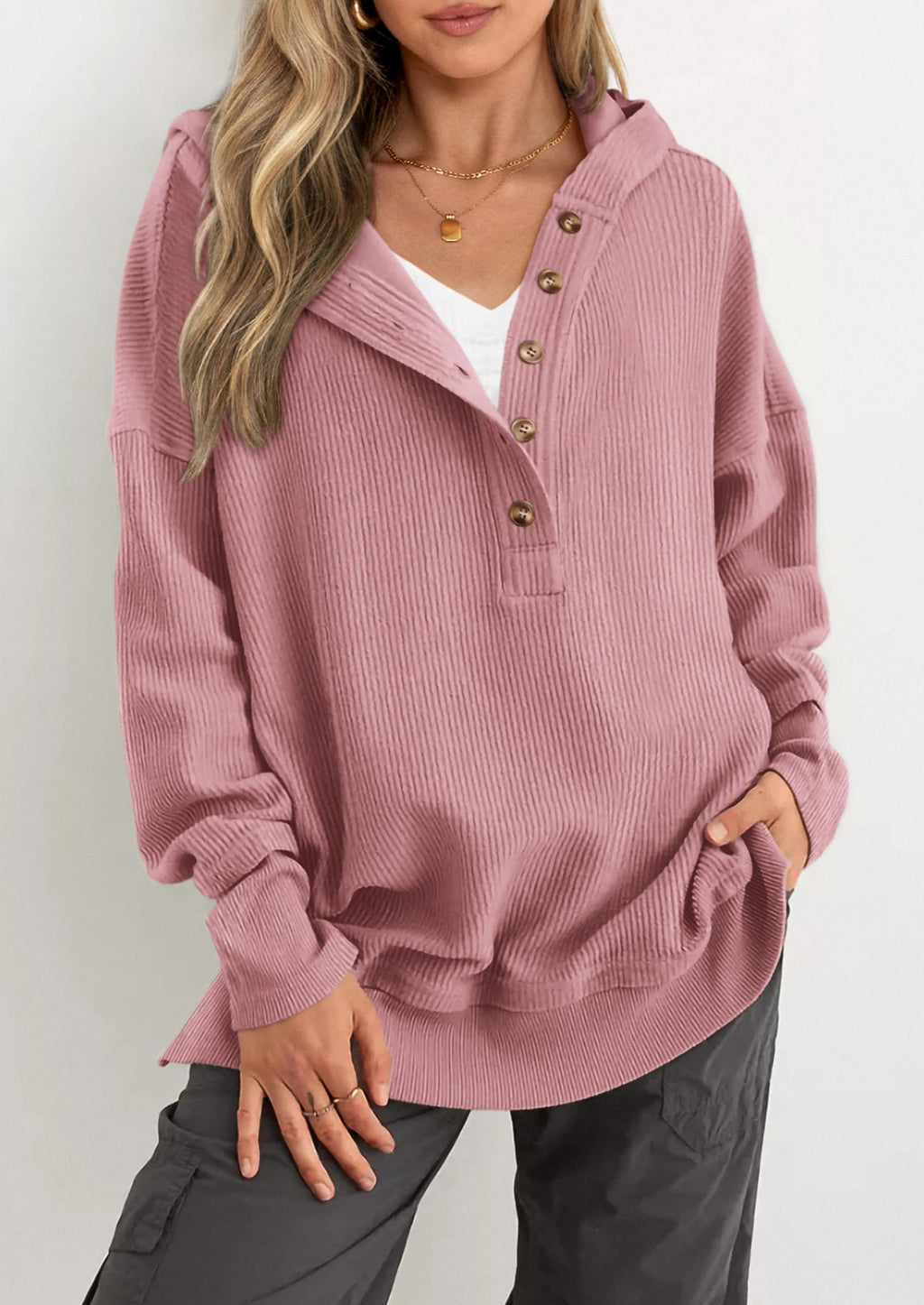 Womens Fashion Oversized Long Sleeve Hoodie Button Down V Neck Sweatshirt Side Slit Casual Pullover Tops