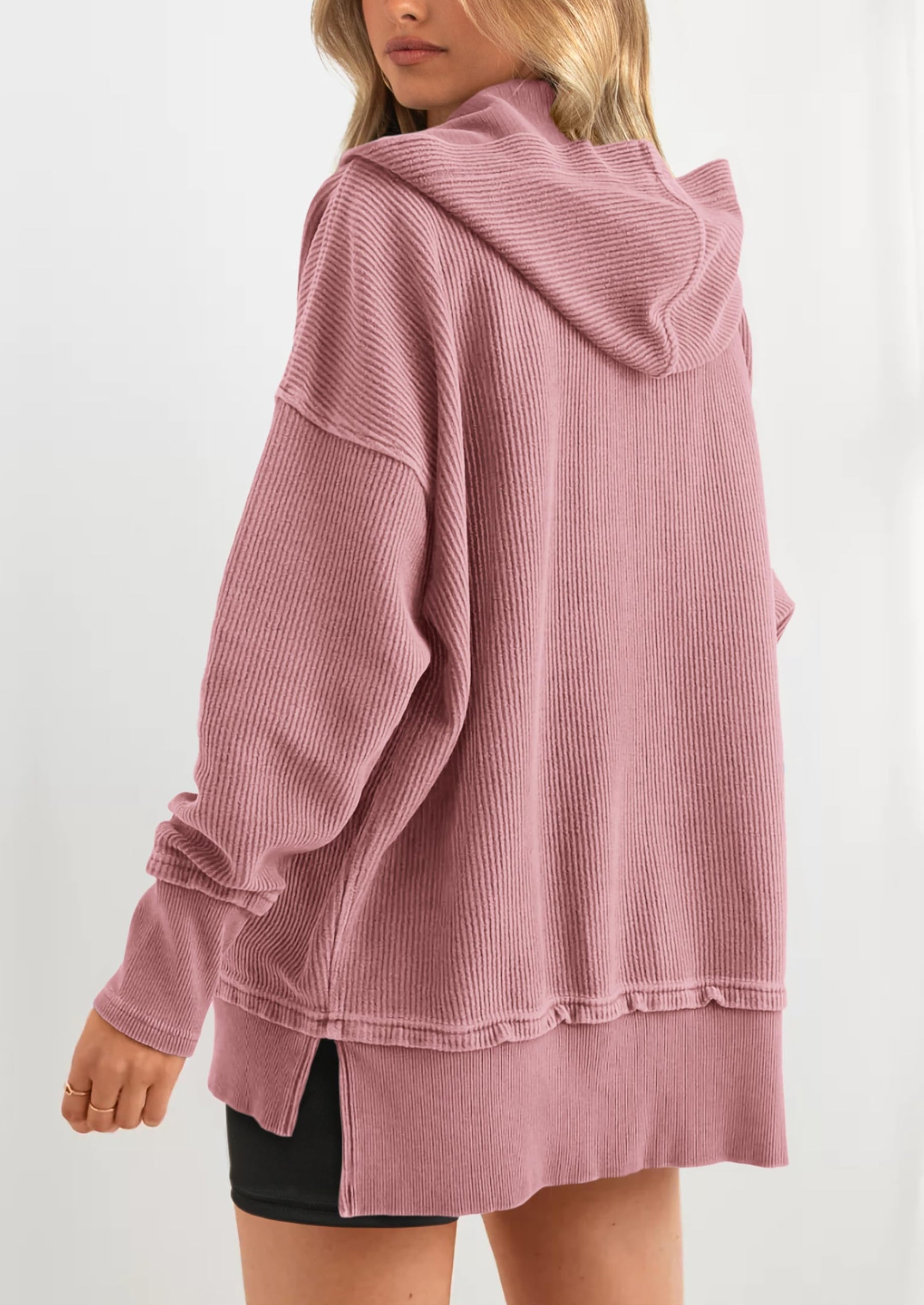 Womens Fashion Oversized Long Sleeve Hoodie Button Down V Neck Sweatshirt Side Slit Casual Pullover Tops