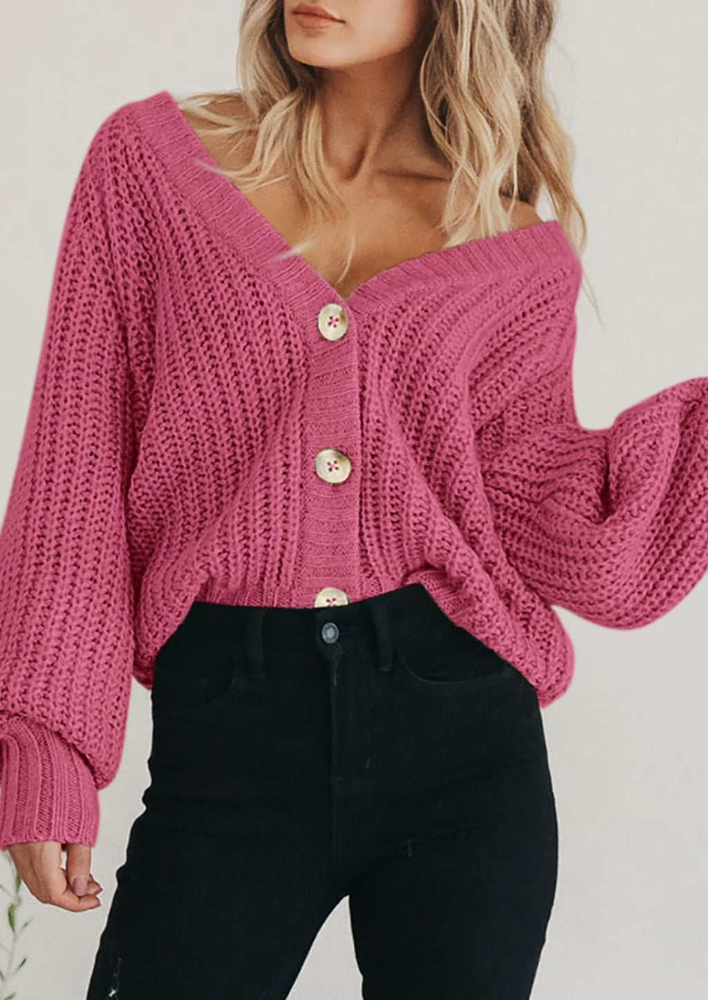 Women's Chunky Knit Open Front Sweater Long Sleeve Button Loose Short Cardigan Outerwear Coats