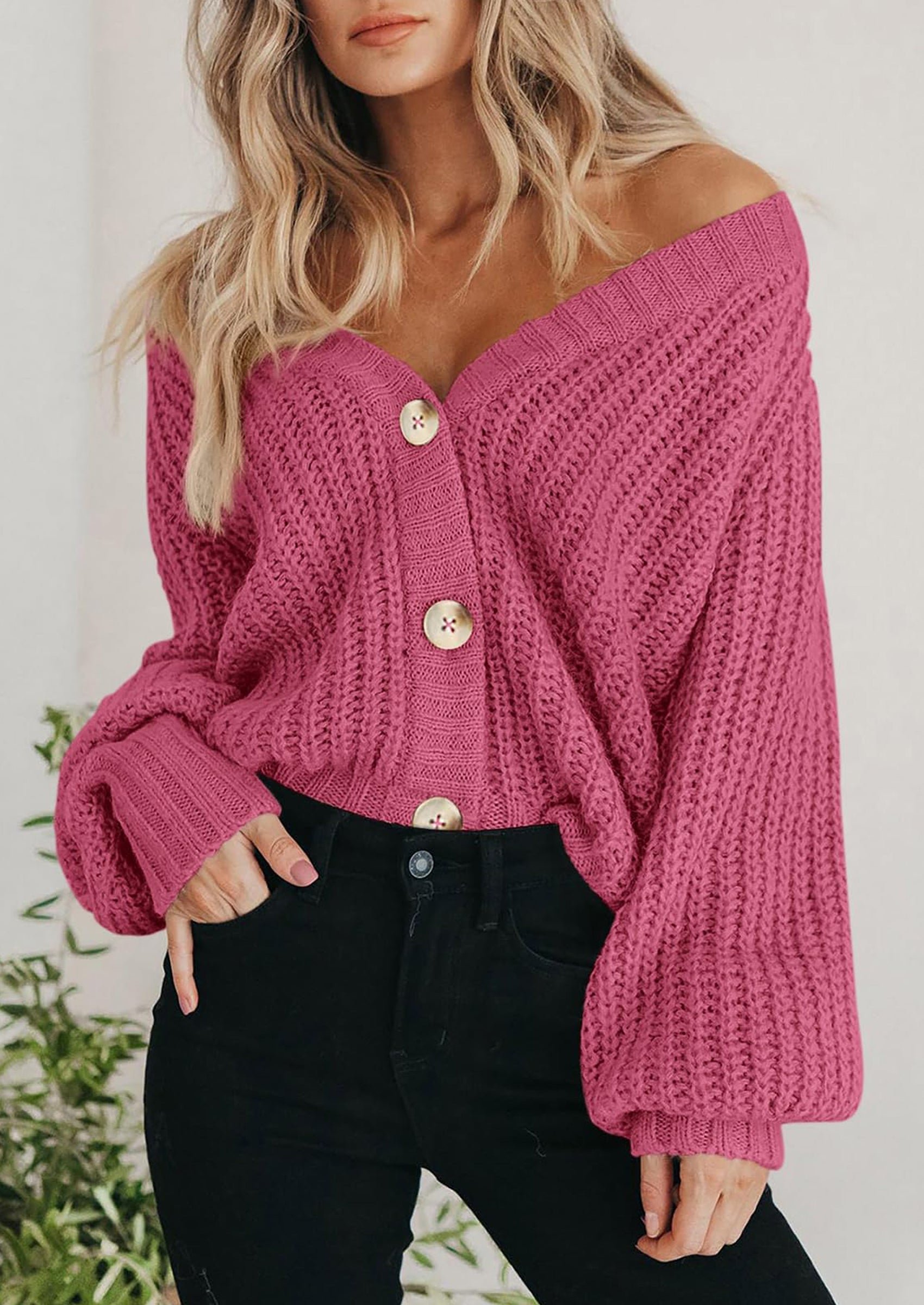 Women's Chunky Knit Open Front Sweater Long Sleeve Button Loose Short Cardigan Outerwear Coats