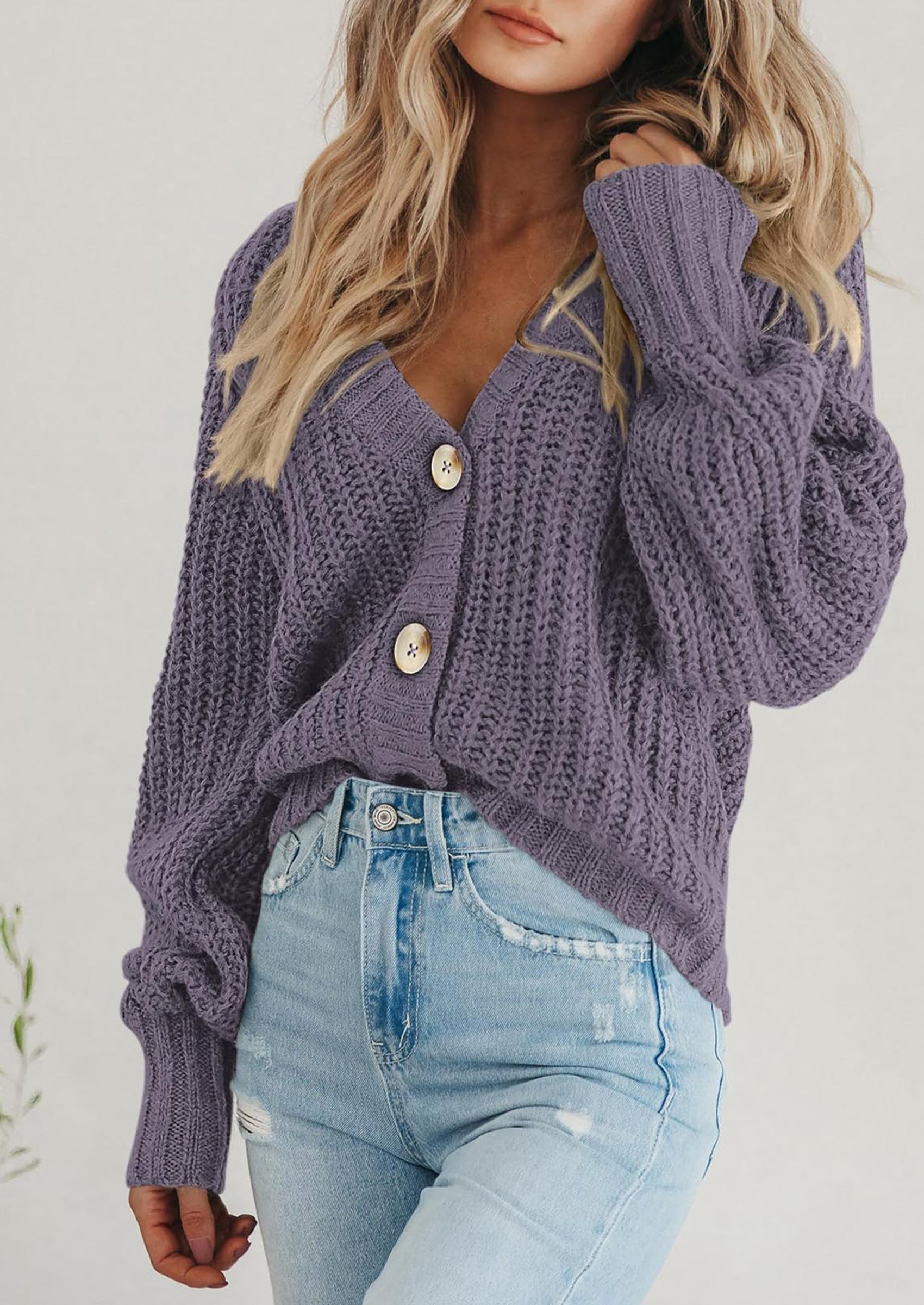 Women's Chunky Knit Open Front Sweater Long Sleeve Button Loose Short Cardigan Outerwear Coats