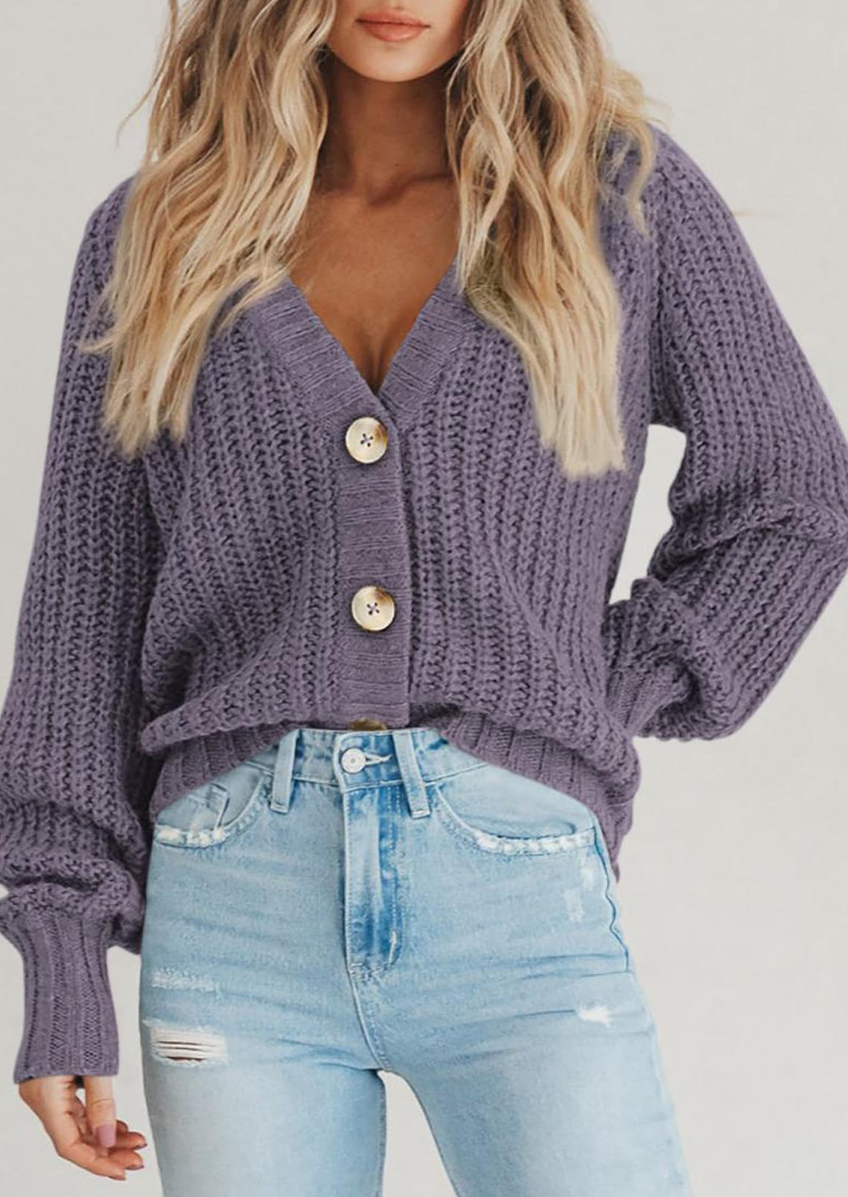 Women's Chunky Knit Open Front Sweater Long Sleeve Button Loose Short Cardigan Outerwear Coats