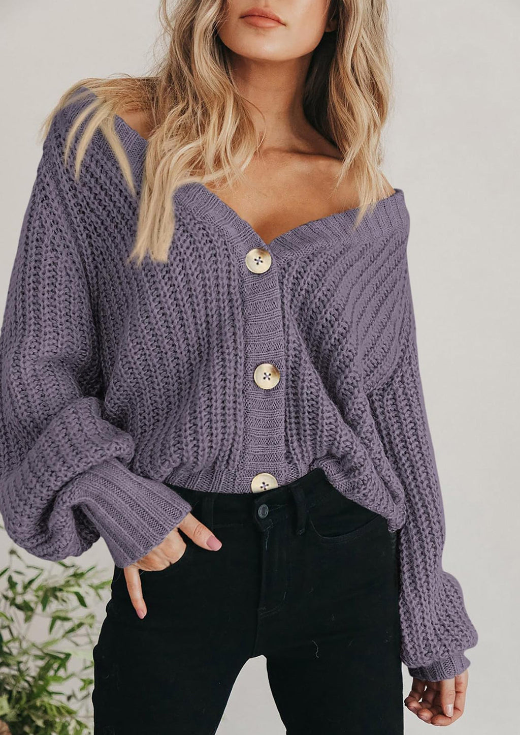 Women's Chunky Knit Open Front Sweater Long Sleeve Button Loose Short Cardigan Outerwear Coats