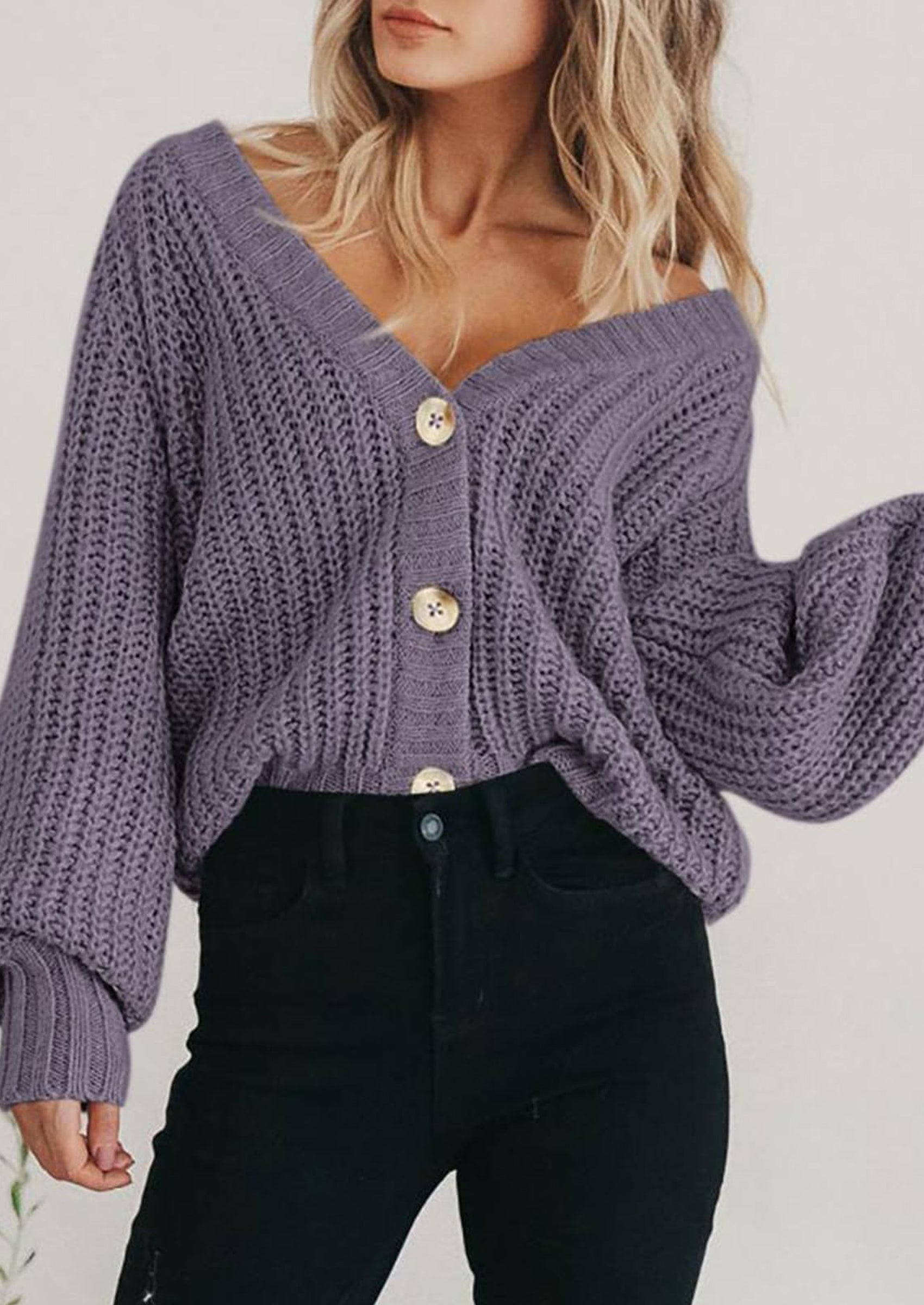 Women's Chunky Knit Open Front Sweater Long Sleeve Button Loose Short Cardigan Outerwear Coats