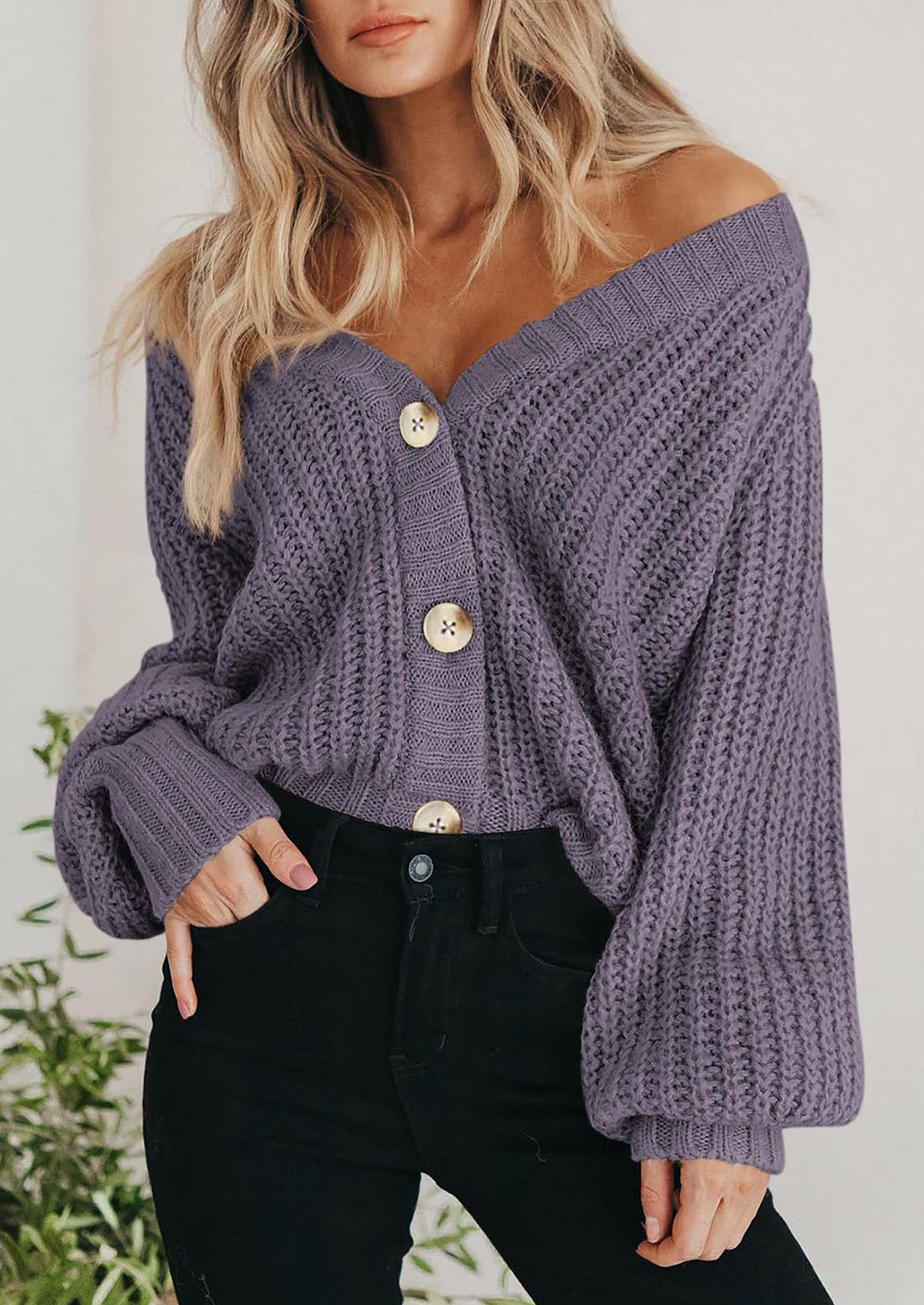 Women's Chunky Knit Open Front Sweater Long Sleeve Button Loose Short Cardigan Outerwear Coats