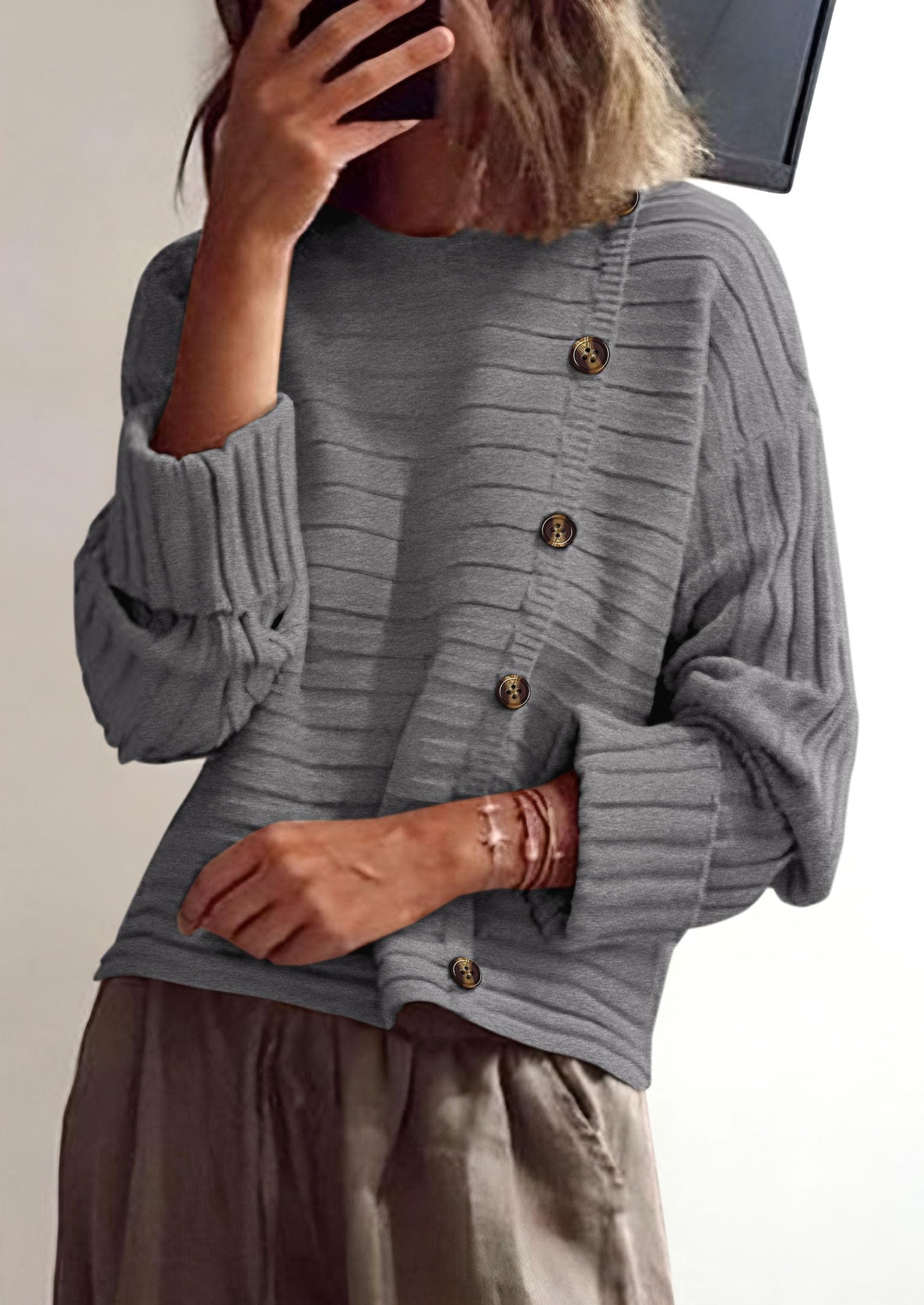 Womens Sweaters Fall Casual Long Sleeve Crewneck Button Loose Winter Knit Pullover Sweater Tops