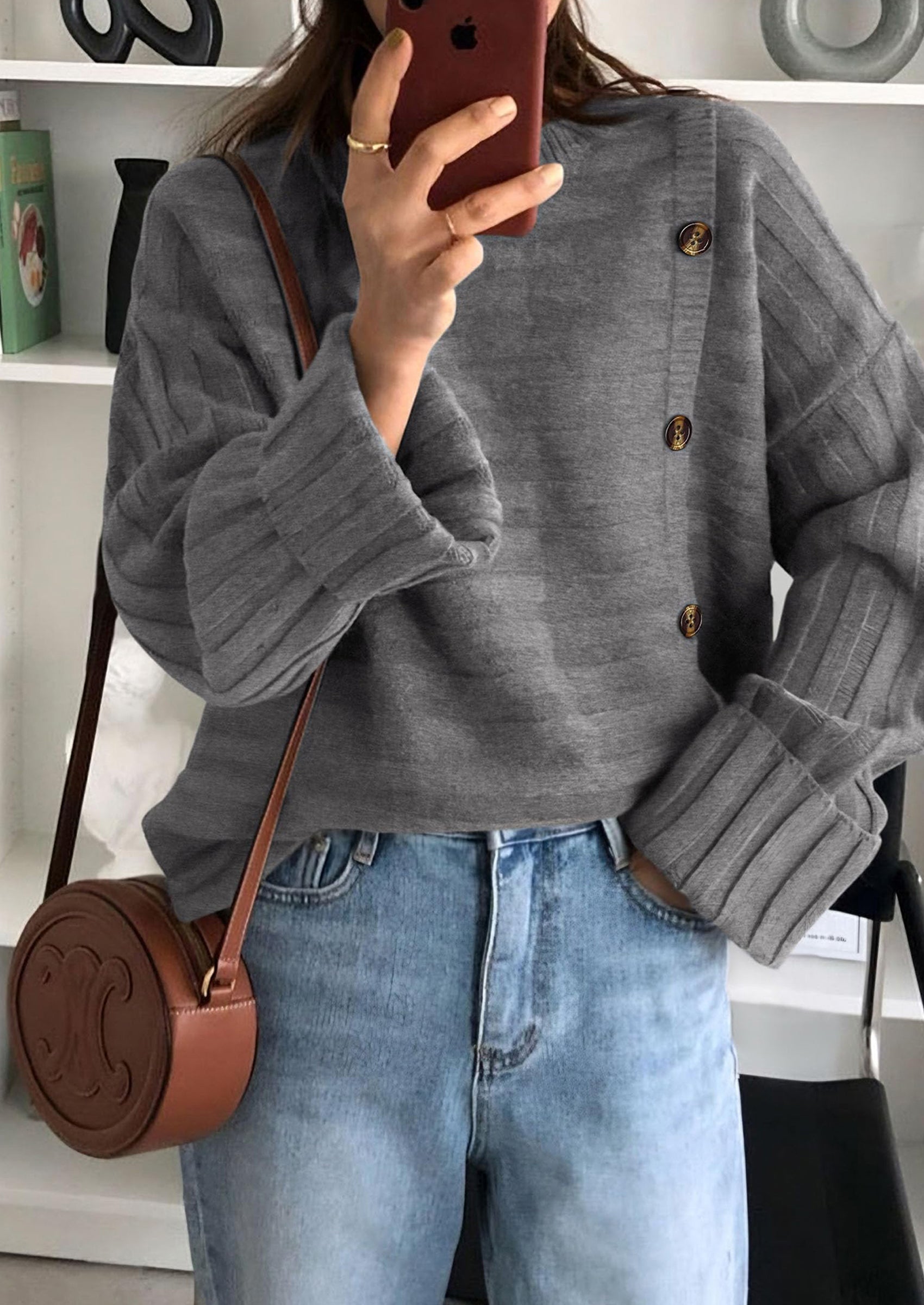 Womens Sweaters Fall Casual Long Sleeve Crewneck Button Loose Winter Knit Pullover Sweater Tops