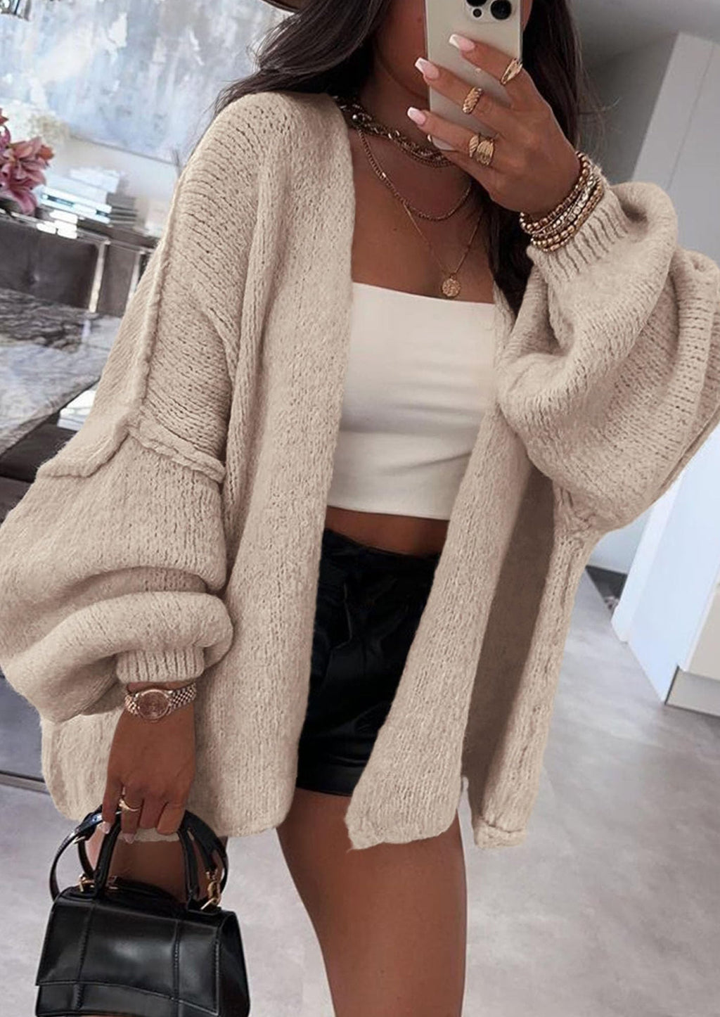 Womens Oversized Cardigan Sweaters Fall Long Lantern Sleeve Knit Open Front Lightweight Sweater