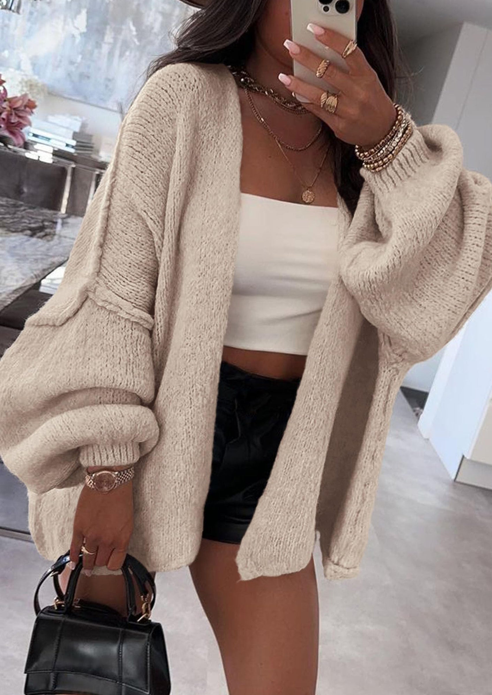 Womens Oversized Cardigan Sweaters Fall Long Lantern Sleeve Knit Open Front Lightweight Sweater