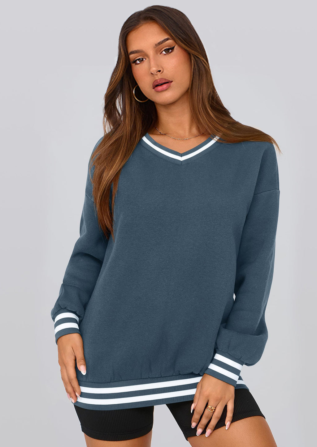 Women's Oversized Sweatshirts Casual Long Sleeve Stripes Knit V Neck Pullover Top Fall Teens Preppy Clothes