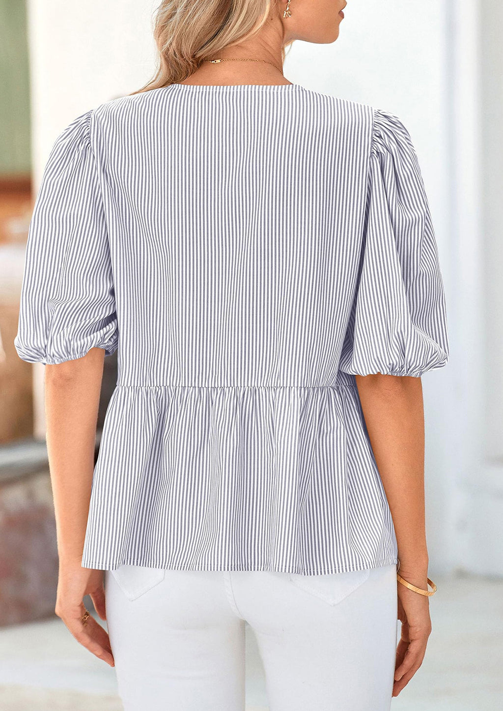 Women's Tie Front Striped Shirt Summer Trendy Fashion Cute Babydoll Tops Peplum Puffy Sleeve Blouse