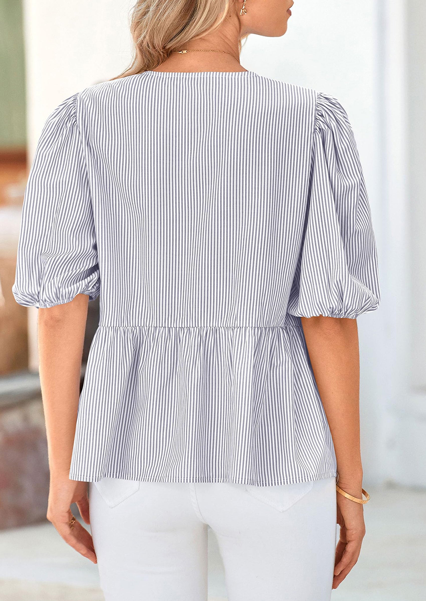 Women's Tie Front Striped Shirt Summer Trendy Fashion Cute Babydoll Tops Peplum Puffy Sleeve Blouse