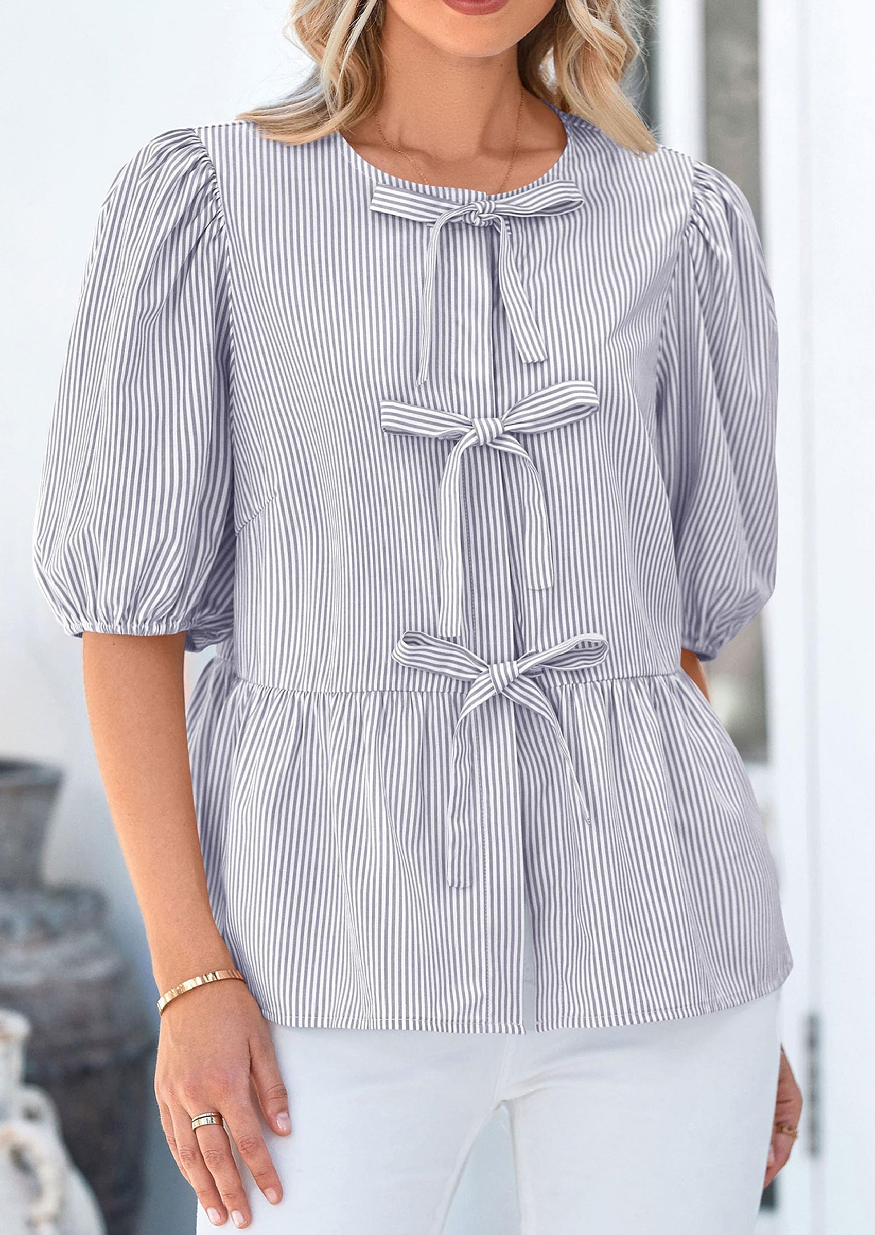Women's Tie Front Striped Shirt Summer Trendy Fashion Cute Babydoll Tops Peplum Puffy Sleeve Blouse