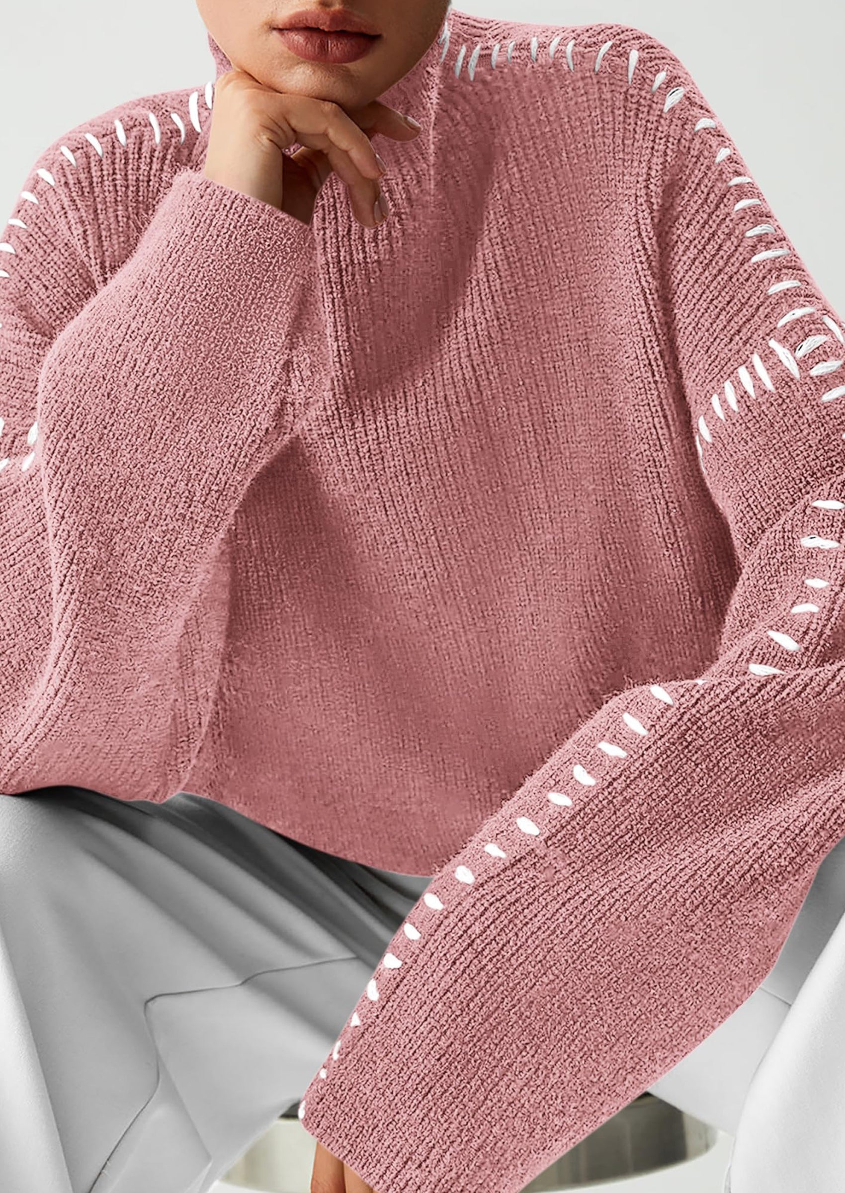 Women's Chunky Knit Sweaters Fall Long Sleeve Mock Neck Oversized Pullover Tops Winter Fashion Clothes