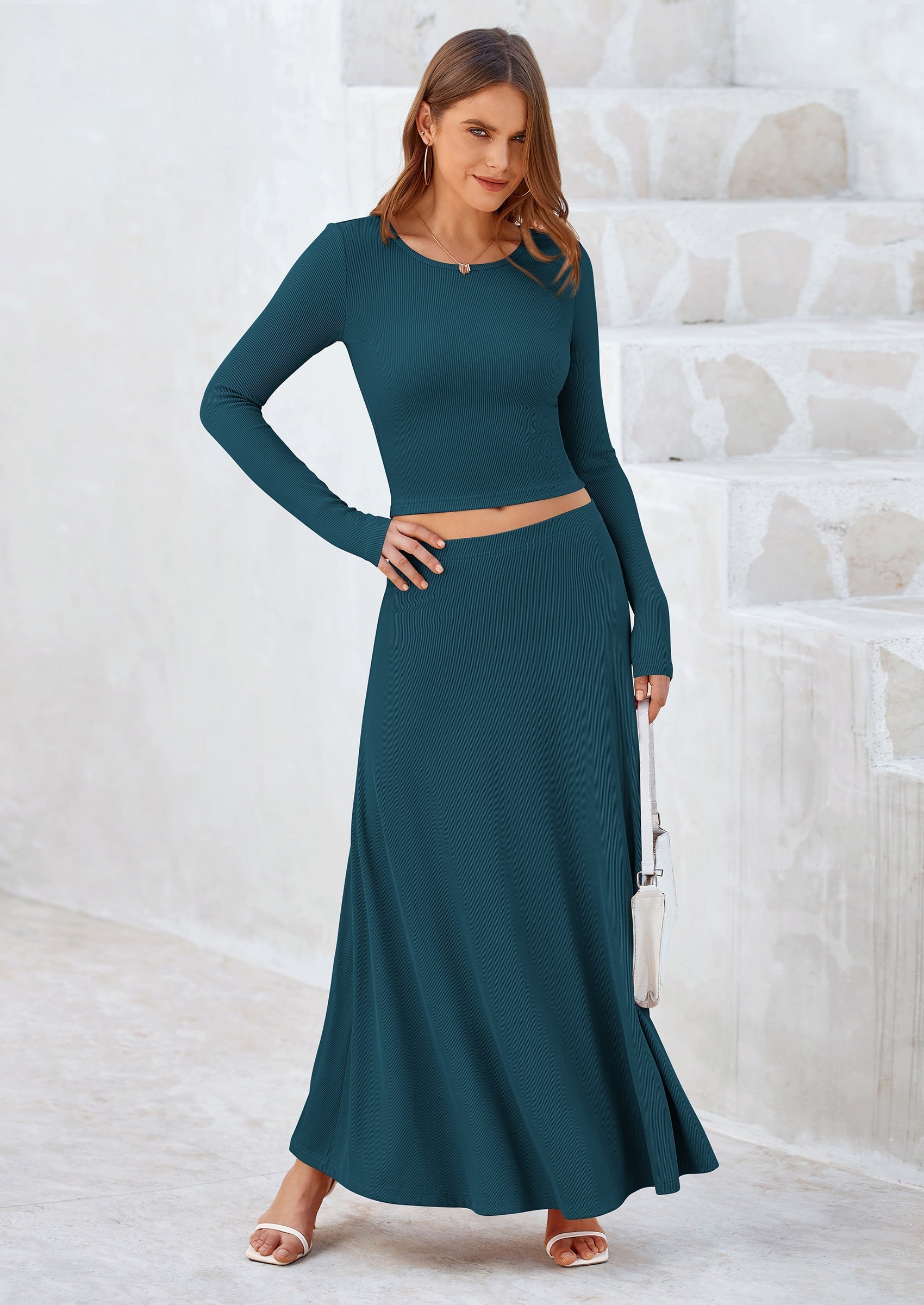 2 Piece Casual Ribbed Knit Long Sleeve Crop Tops Maxi Flowy Skirts Matching Sets