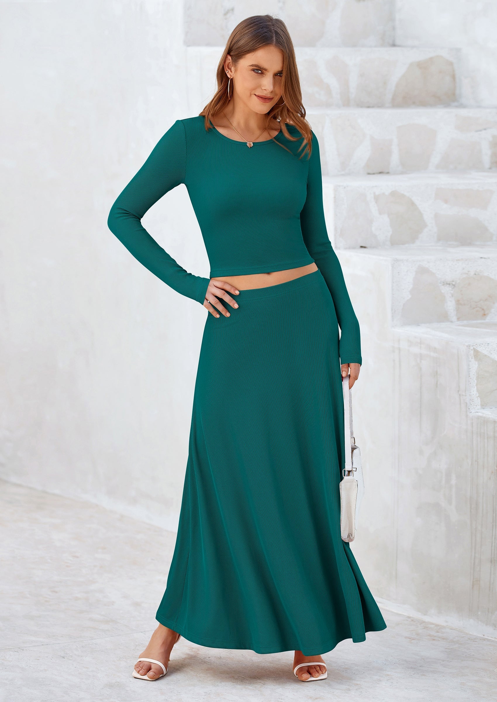 2 Piece Casual Ribbed Knit Long Sleeve Crop Tops Maxi Flowy Skirts Matching Sets