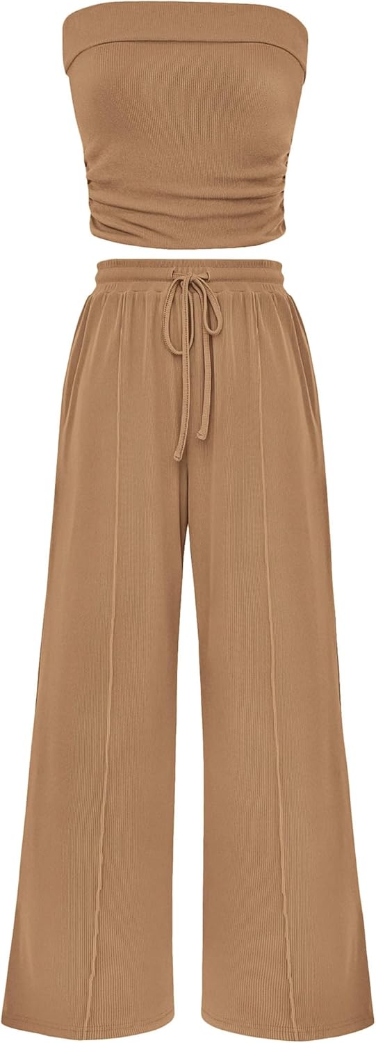 2 Piece Sets Casual Ribbed Knit Crop Tube Top Wide Leg Pants Lounge Set