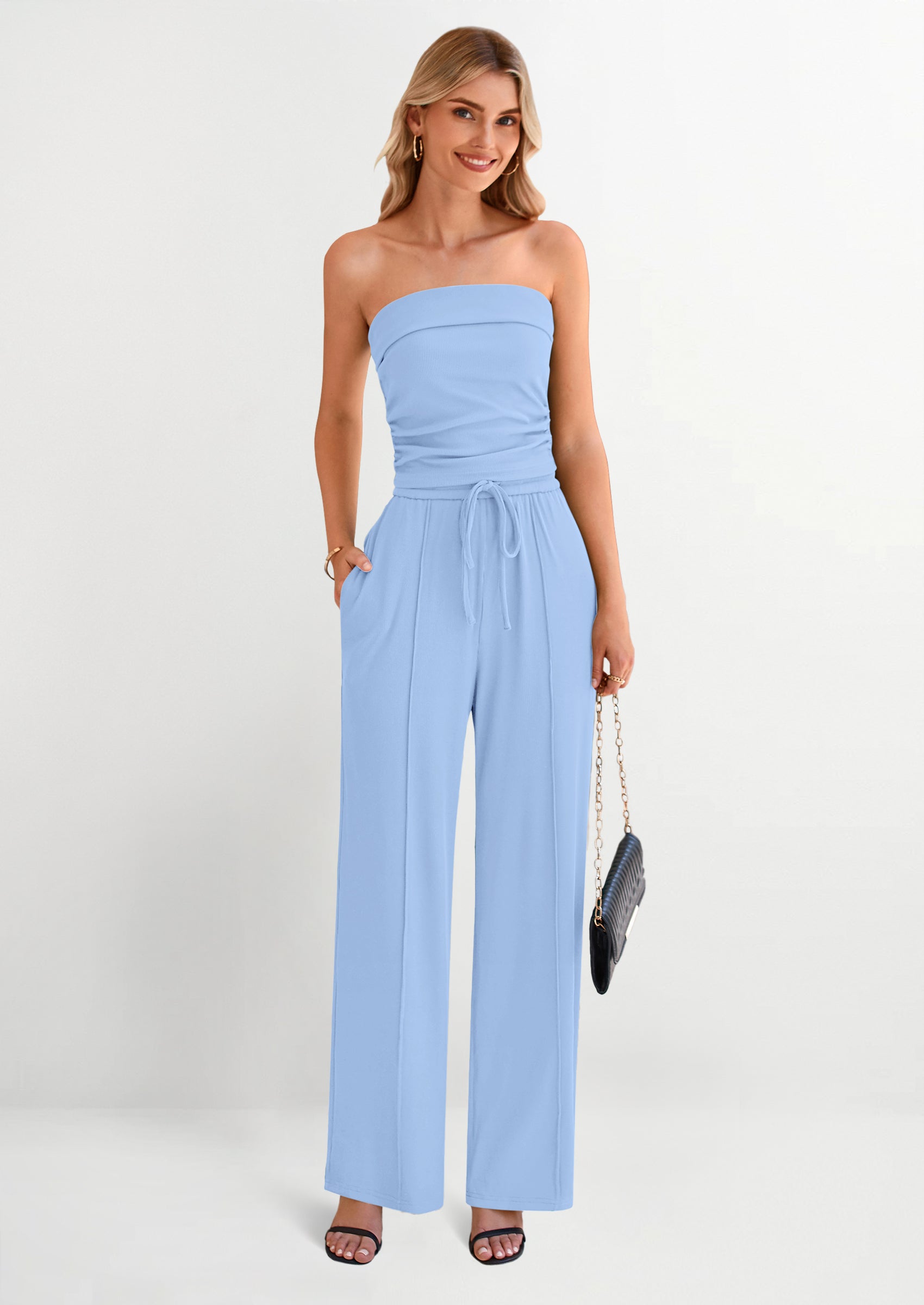 2 Piece Sets Casual Ribbed Knit Crop Tube Top Wide Leg Pants Lounge Set