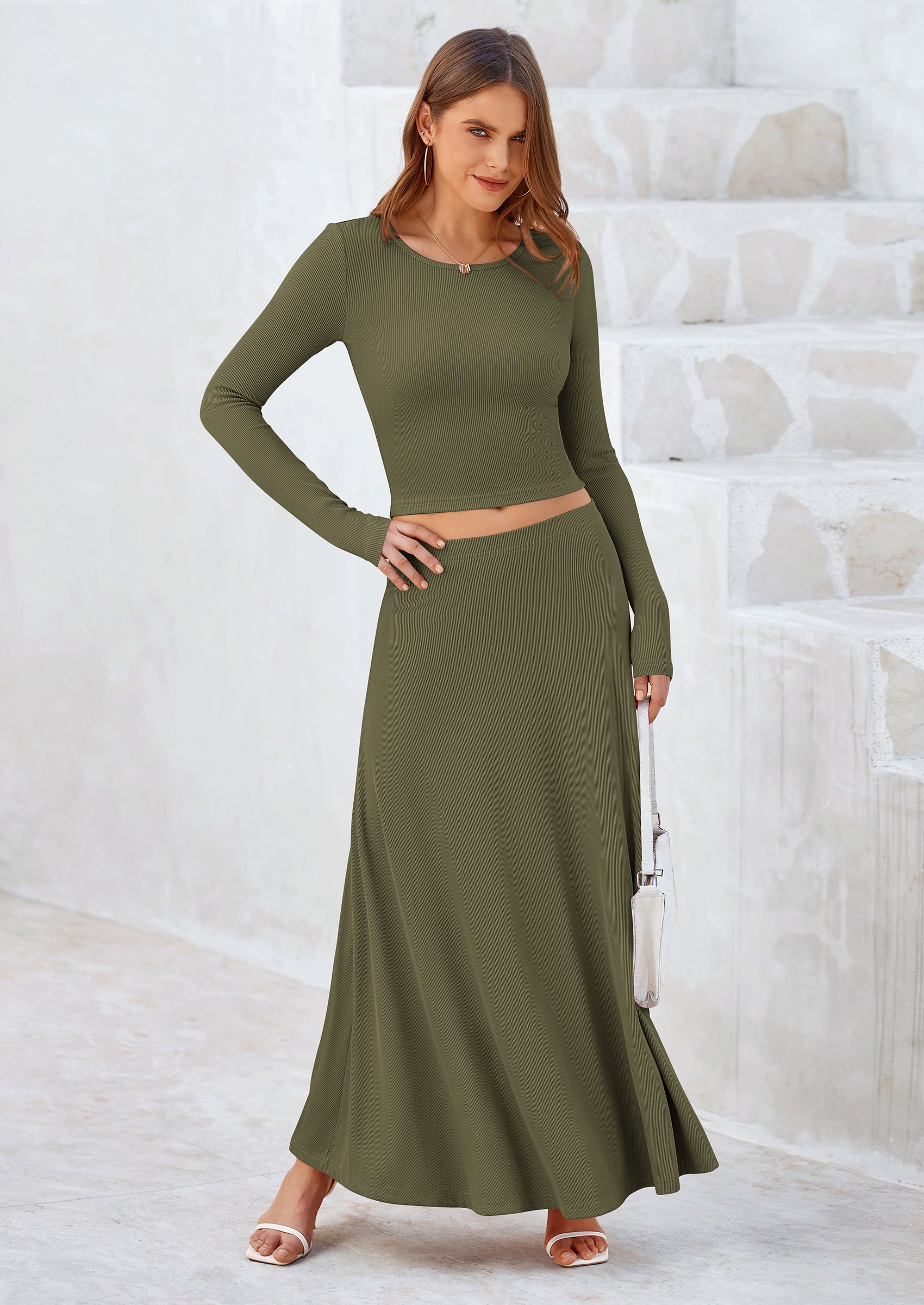 2 Piece Casual Ribbed Knit Long Sleeve Crop Tops Maxi Flowy Skirts Matching Sets